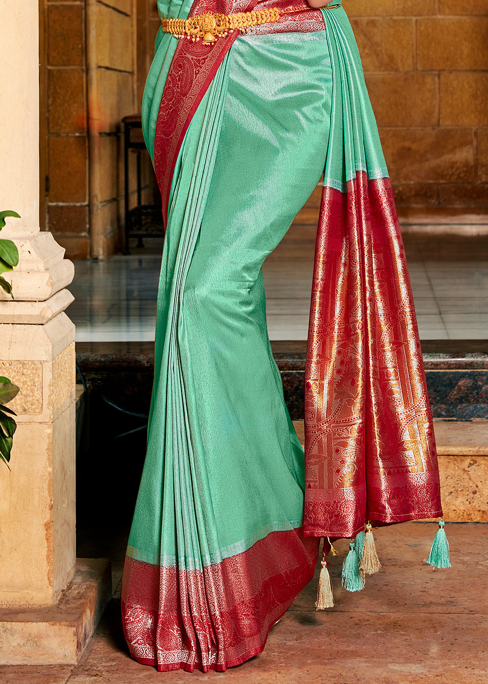 Buy MySilkLove Silver Tree Green and Red Zari Woven Kanjivaram Saree Online