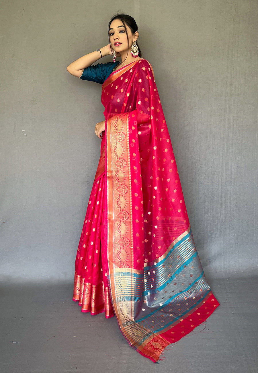 Buy MySilkLove Sasquatch Pink Zari Woven Organza Silk Saree Online