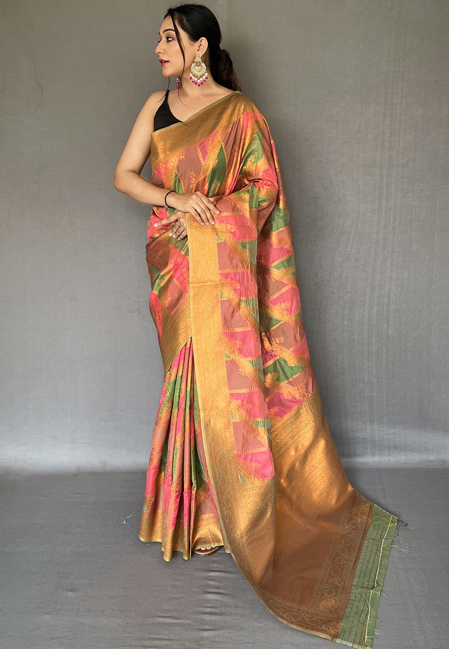 Buy MySilkLove Japonica Pink Copper Zari Woven Organza Saree Online
