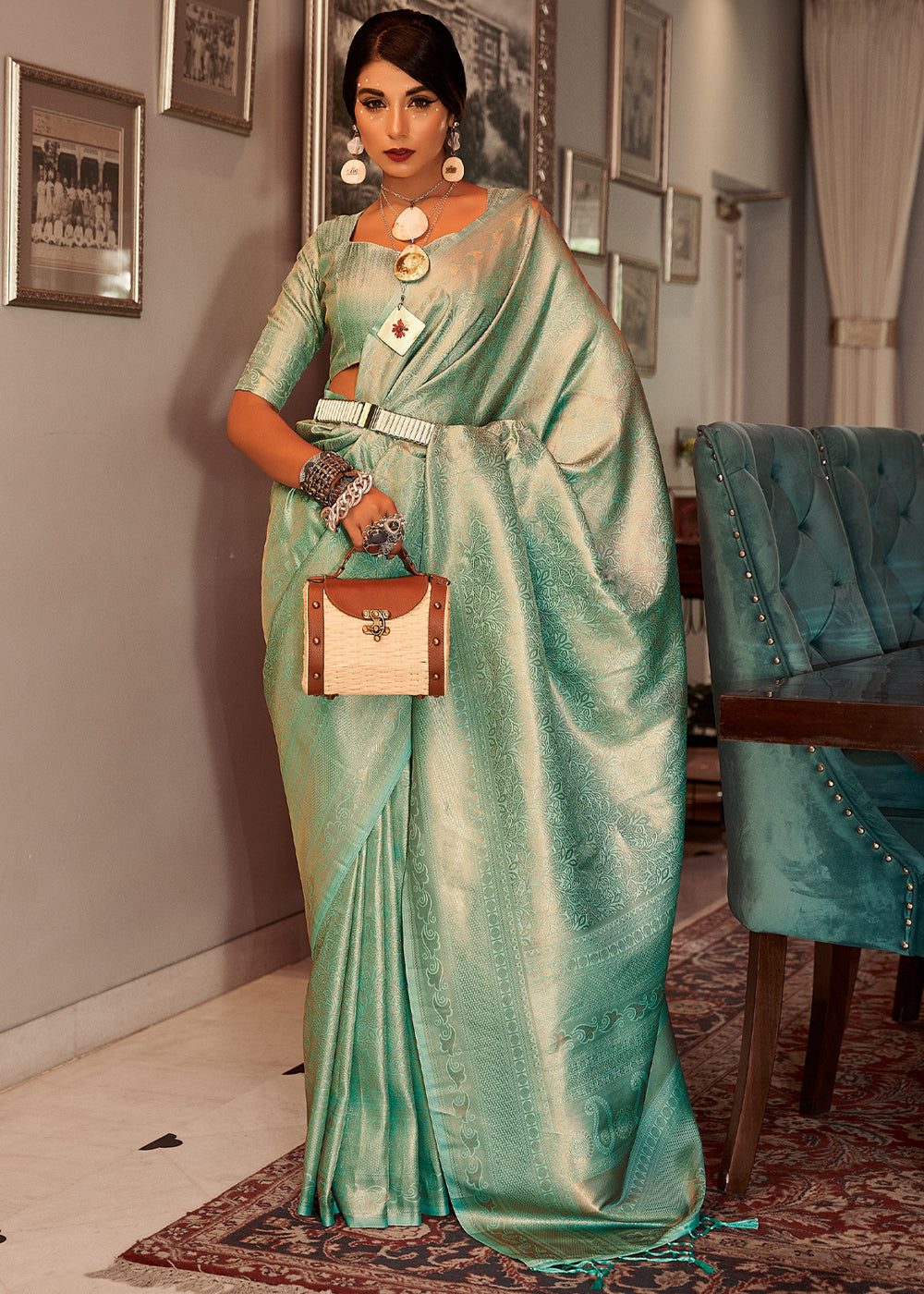 Buy MySilkLove Finch Green Woven Kanjivaram Silk Saree Online