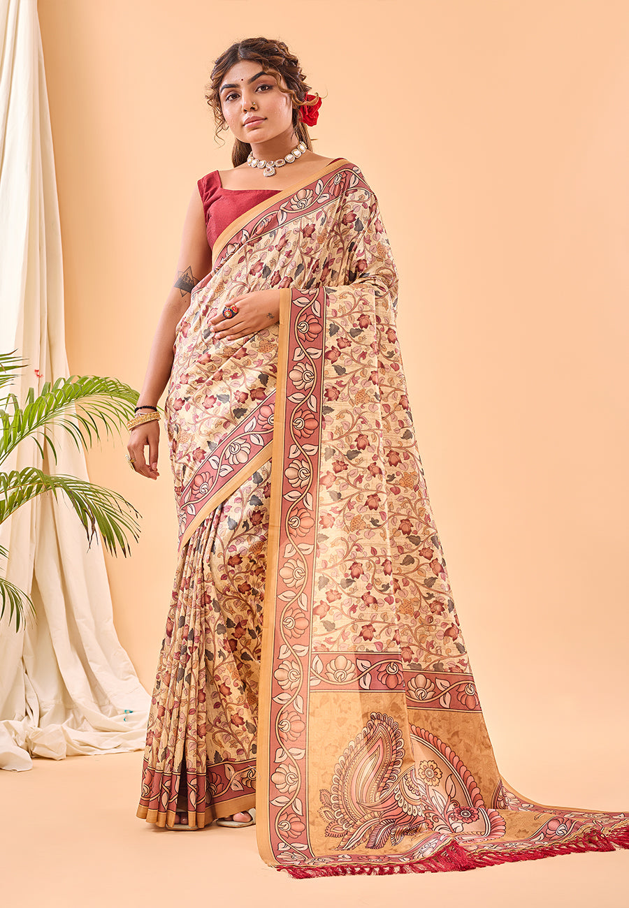 Buy MySilkLove Tacao Yellow Floral Kalamkari Printed Saree Online