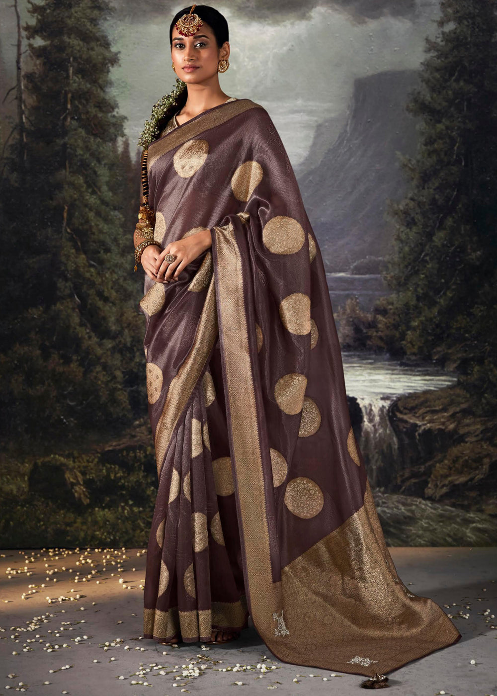 Buy MySilkLove Woody Brown Woven Banarasi Organza Silk Saree Online