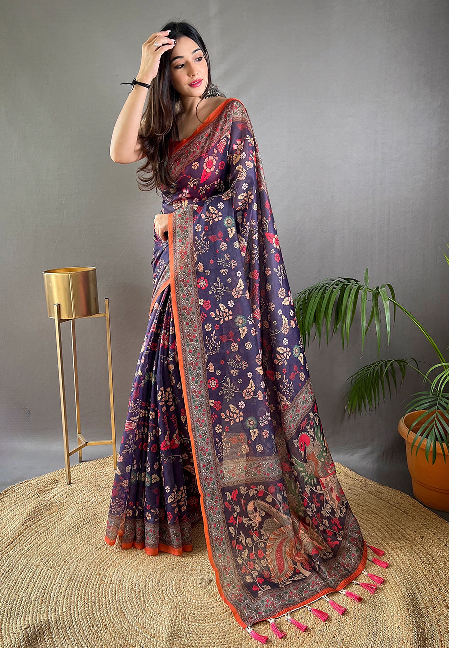 Buy MySilkLove Smoky Blue Cotton Kalamkari Printed Saree Online