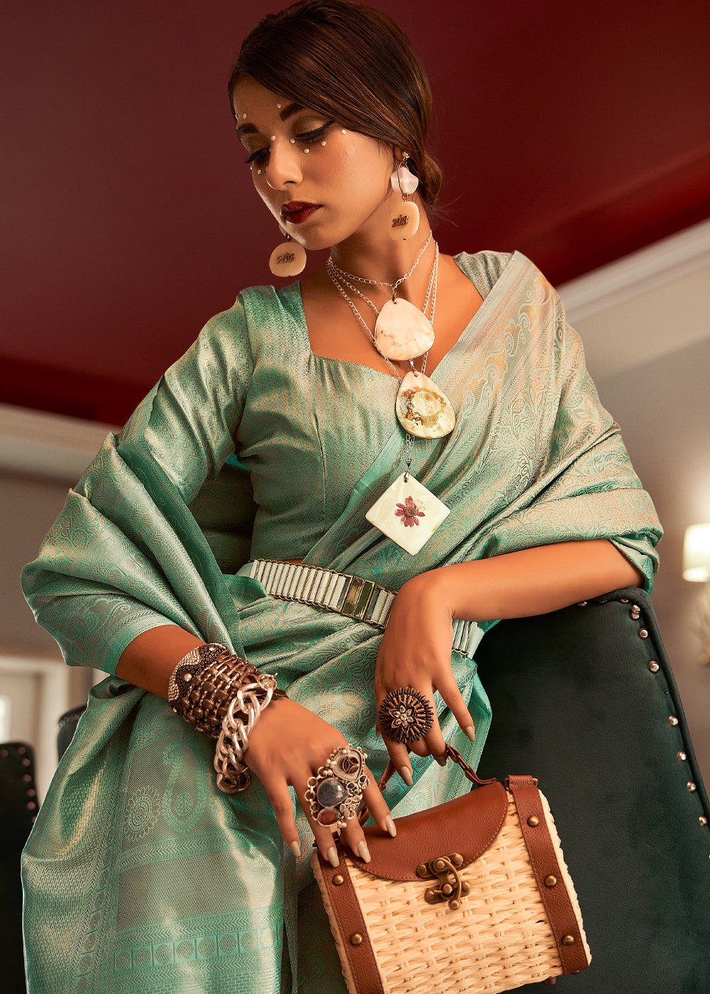 Buy MySilkLove Finch Green Woven Kanjivaram Silk Saree Online