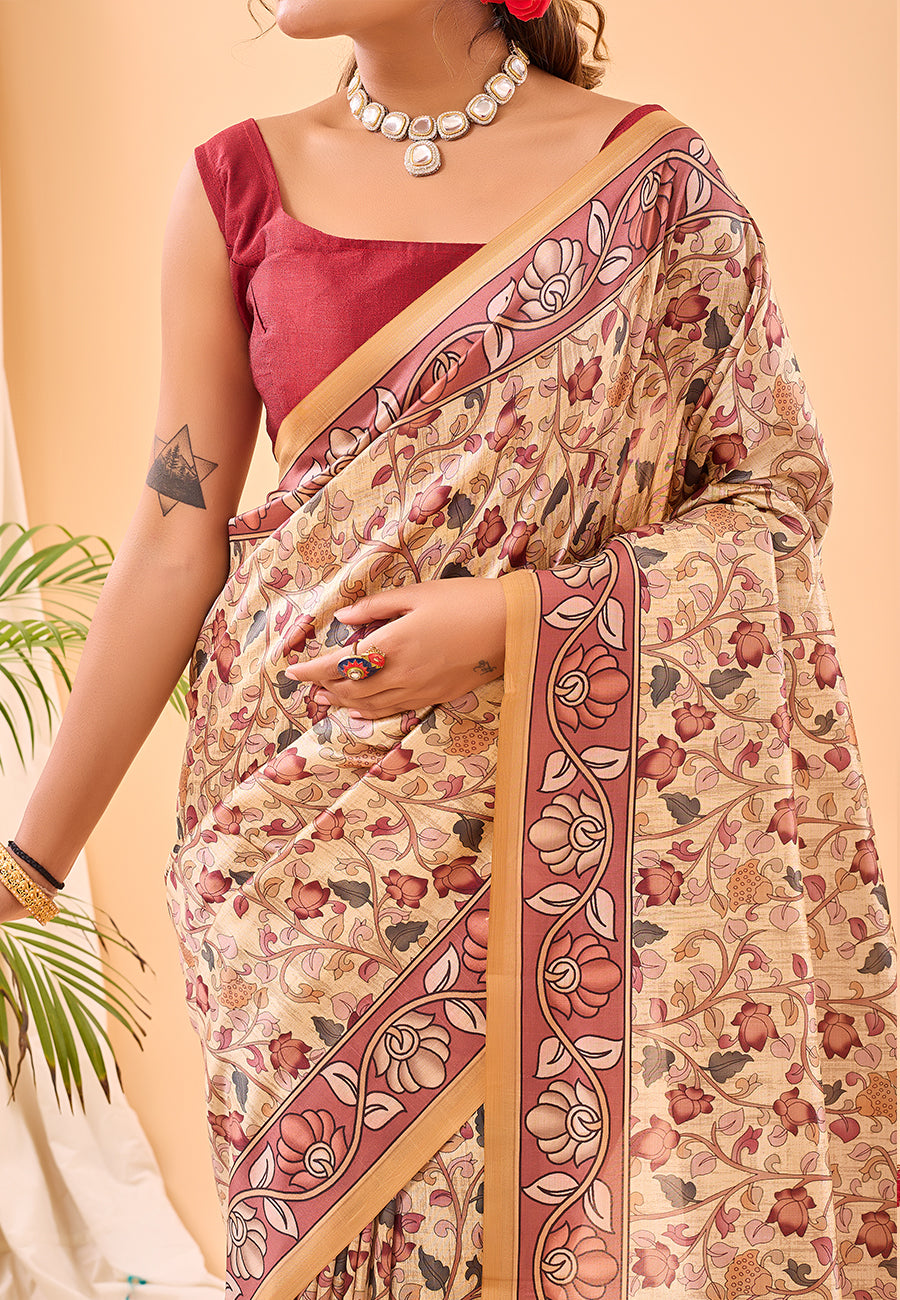 MySilkLove Tacao Yellow Floral Kalamkari Printed Saree