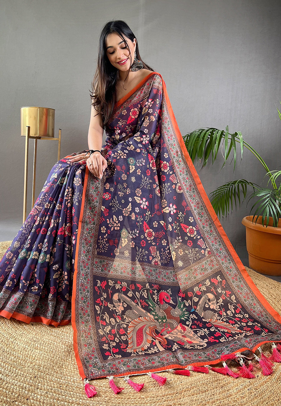 Buy MySilkLove Smoky Blue Cotton Kalamkari Printed Saree Online