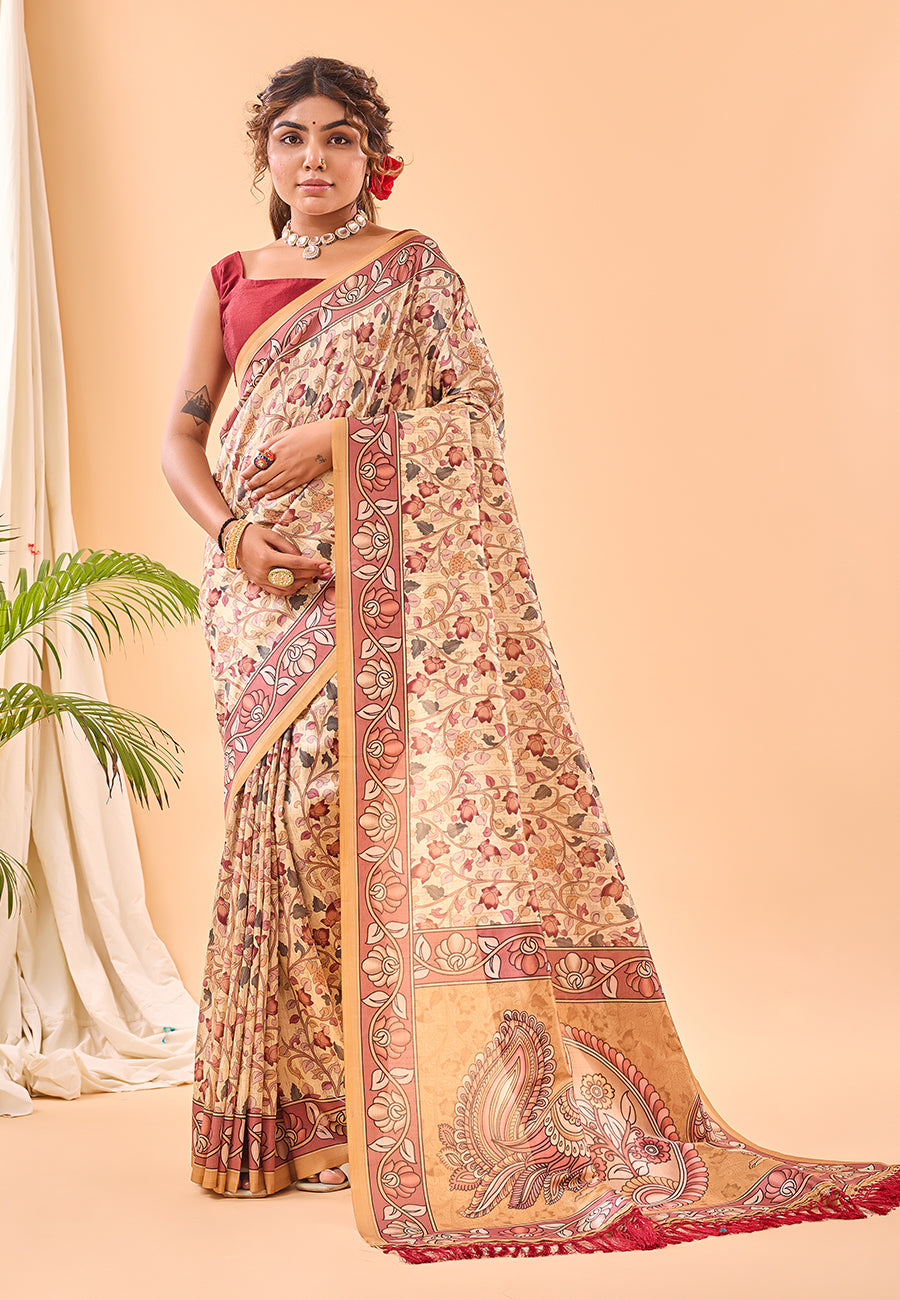 Buy MySilkLove Tacao Yellow Floral Kalamkari Printed Saree Online