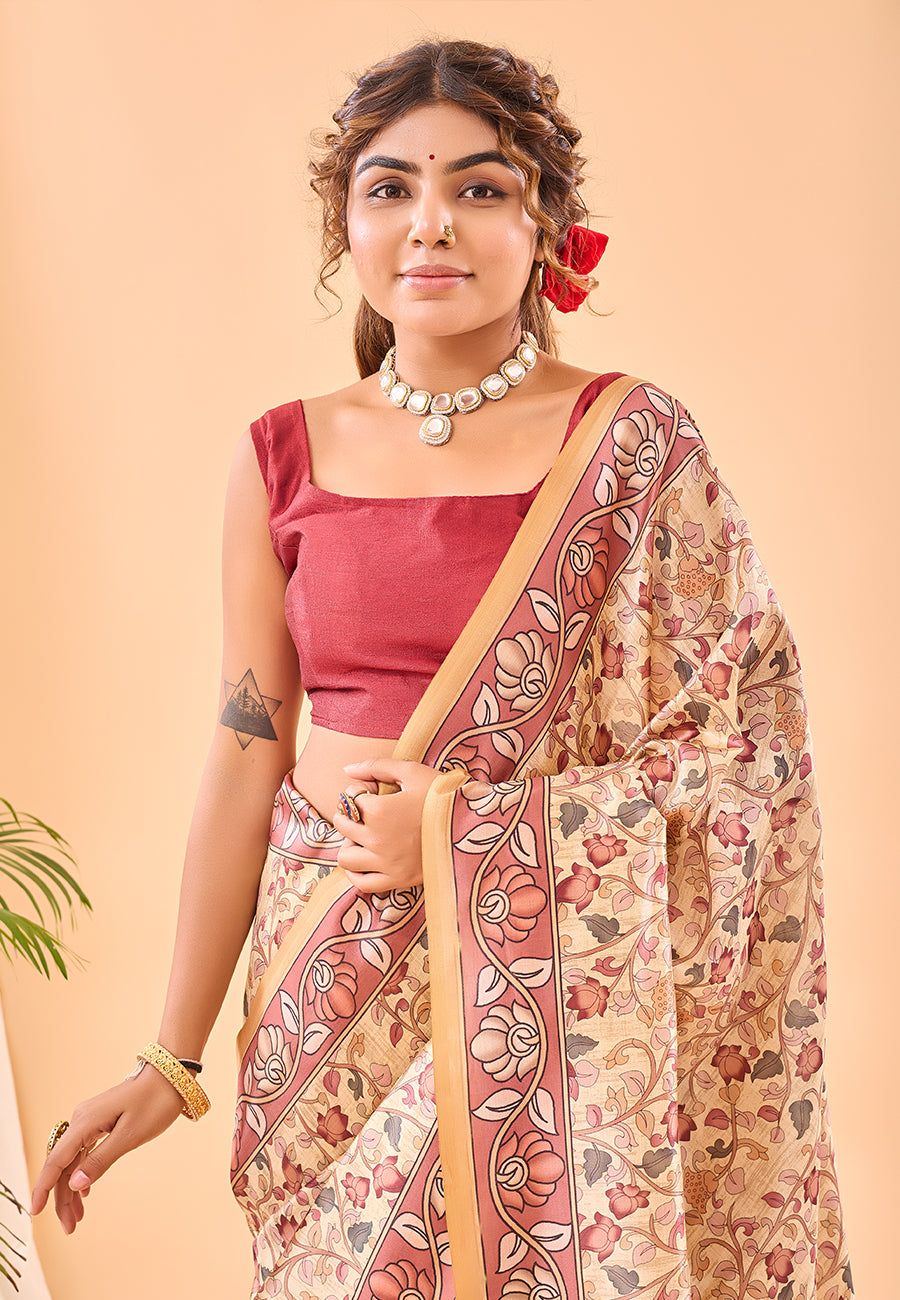 Buy MySilkLove Tacao Yellow Floral Kalamkari Printed Saree Online
