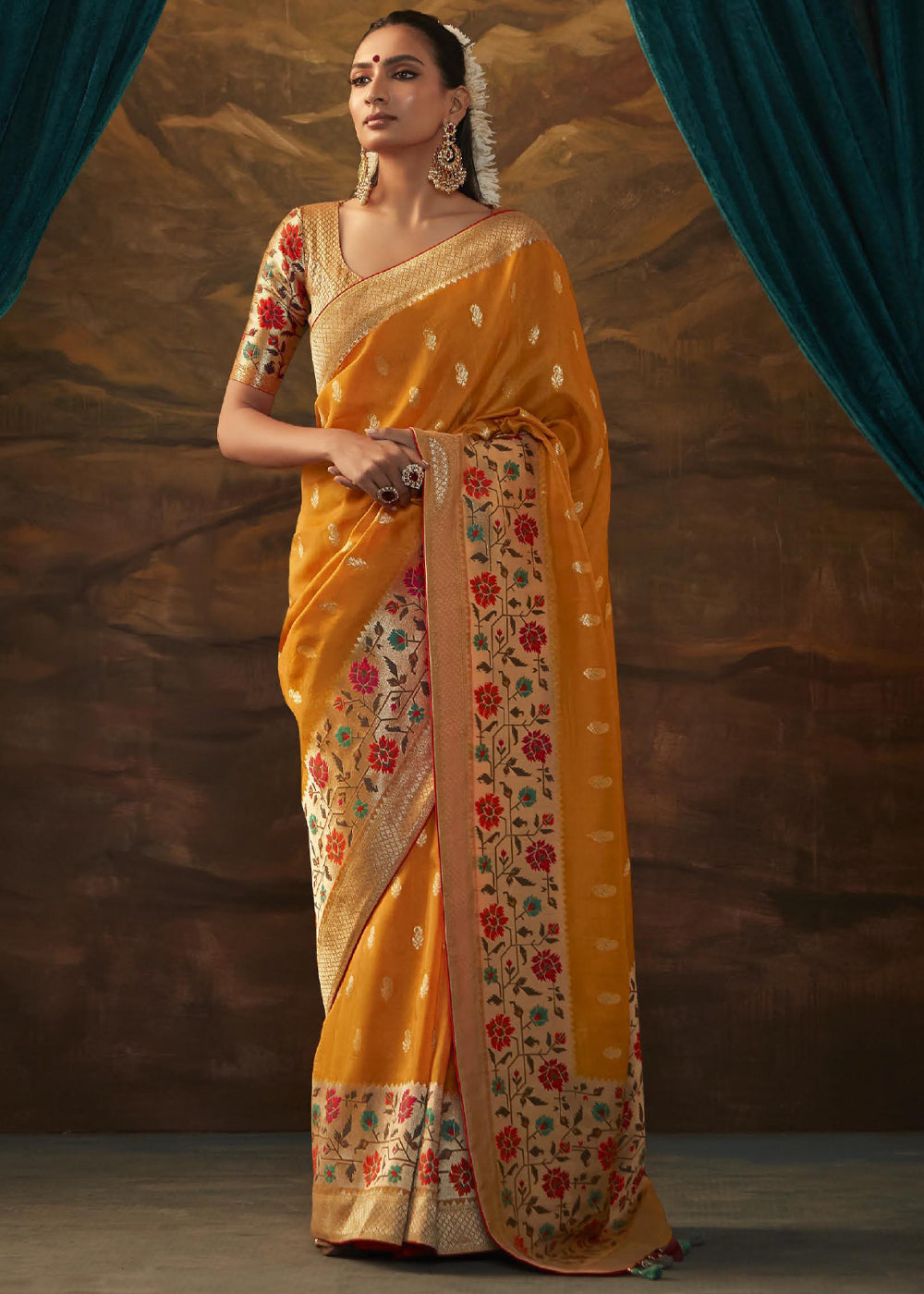 Buy MySilkLove Meteor Orange Woven Paithani Banarasi Soft Silk Saree Online
