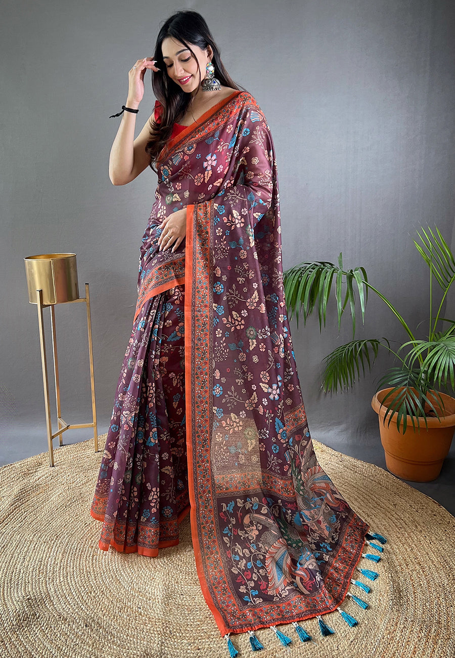 Buy MySilkLove Russett Purple Cotton Kalamkari Printed Saree Online