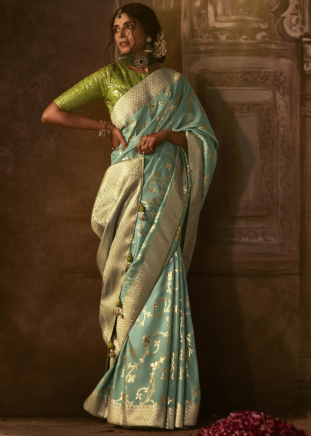 Buy MySilkLove Finch Green Woven Designer Banarasi Silk Saree Online