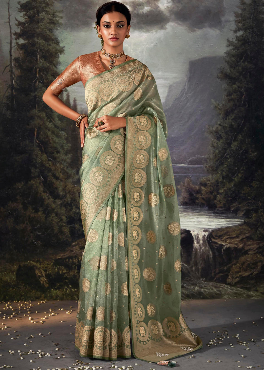 Buy MySilkLove Kelp Green Woven Banarasi Organza Silk Saree Online