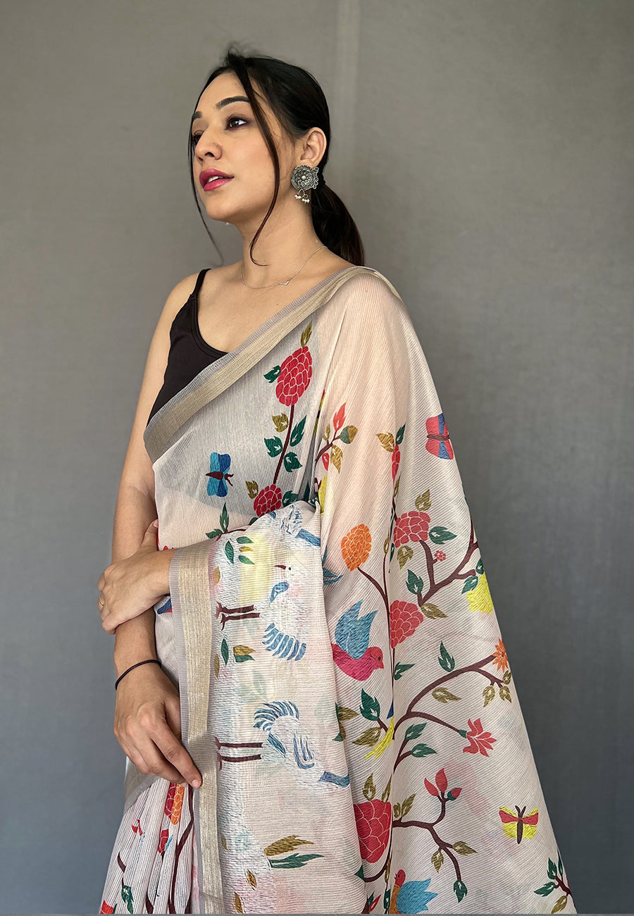 MySilkLove Westar White Tissue Printed Kalamkari Silk Saree