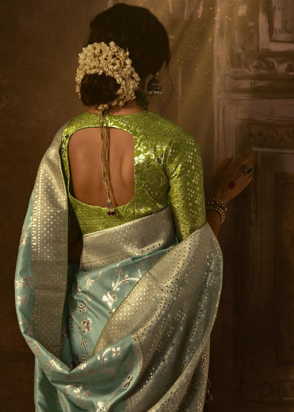 Buy MySilkLove Finch Green Woven Designer Banarasi Silk Saree Online