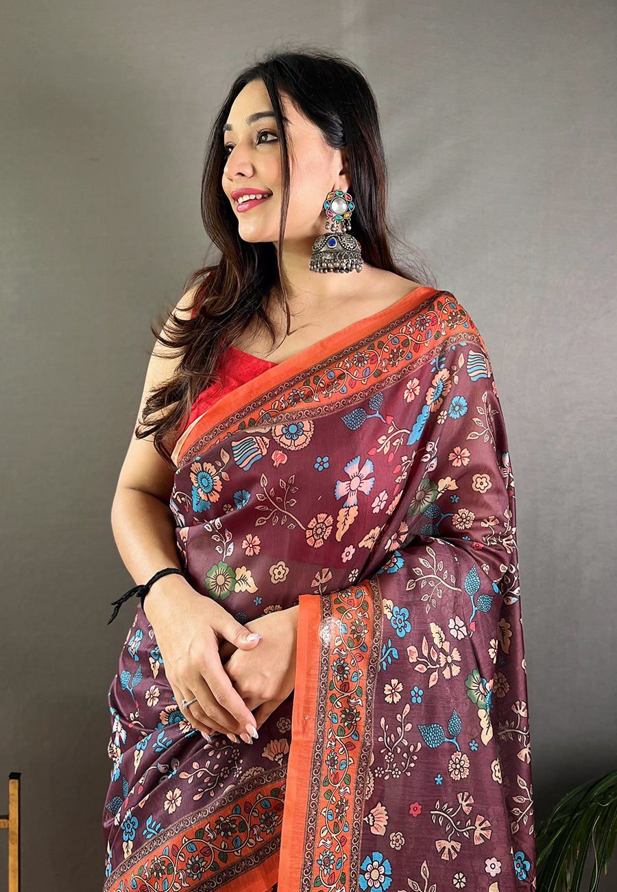 Buy MySilkLove Russett Purple Cotton Kalamkari Printed Saree Online