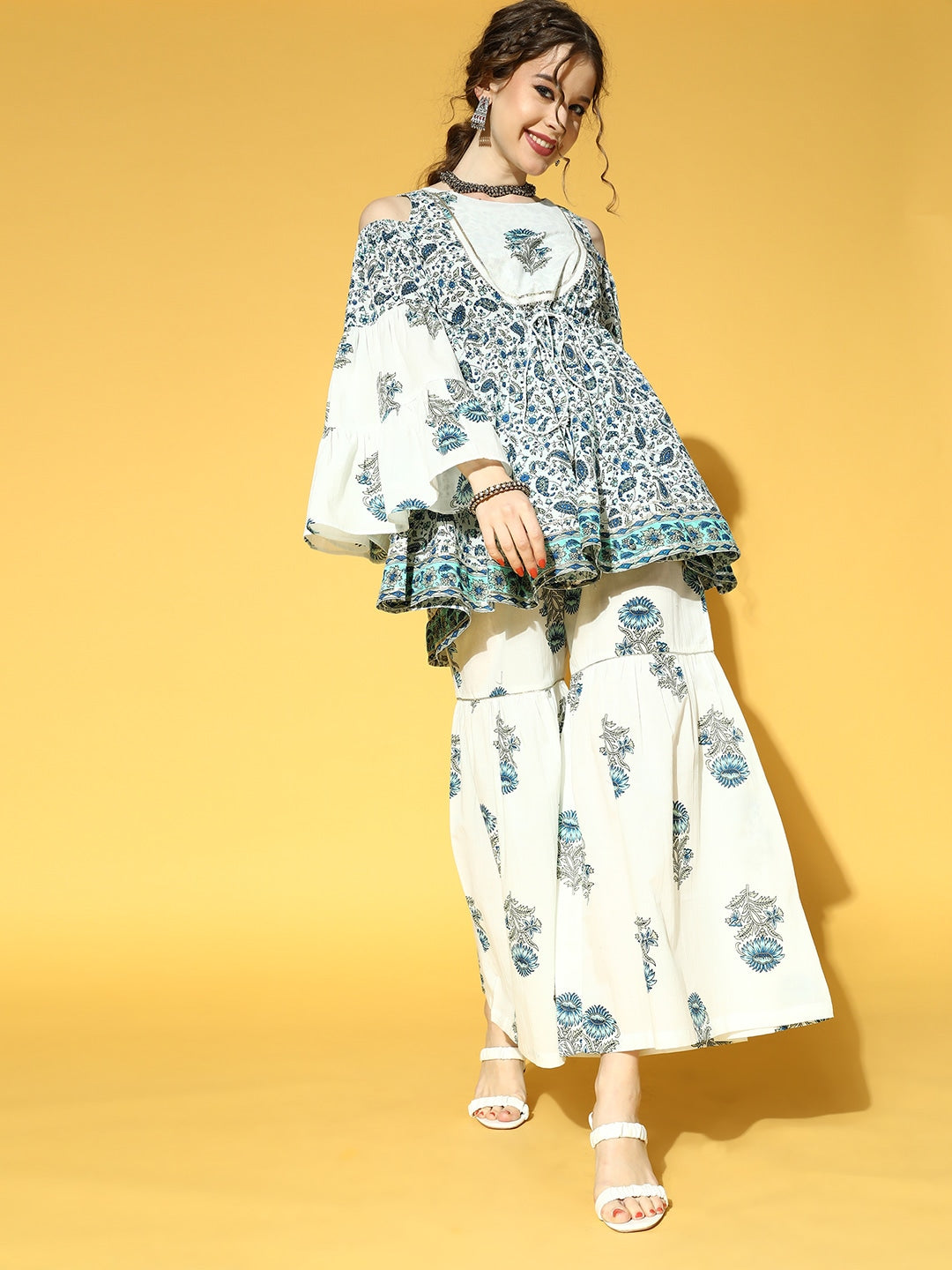 Buy MySilkLove Spring Wood White and Blue Ethnic Printed Dress Online