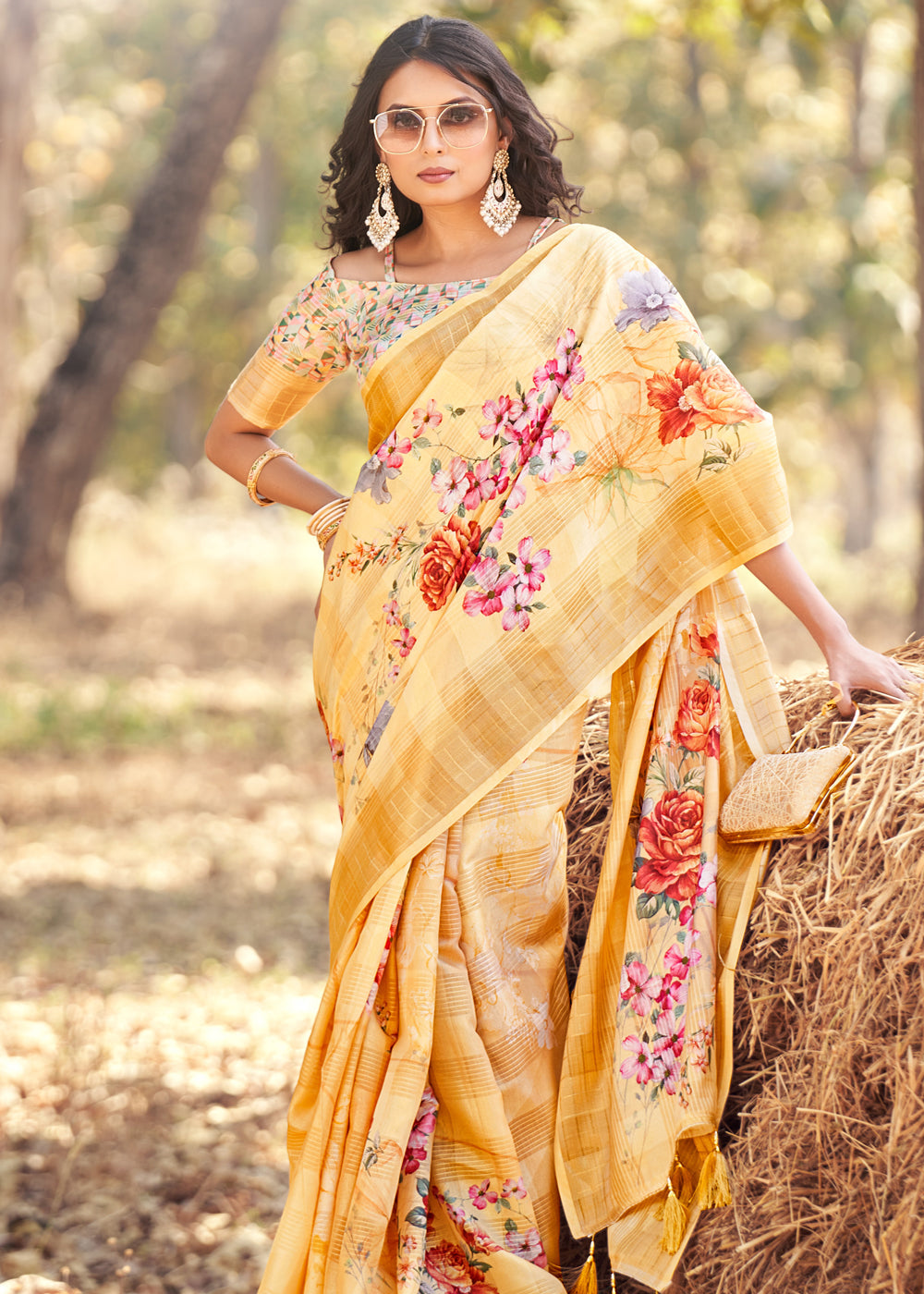 Buy MySilkLove Fresh Yellow Floral Printed Cotton Silk Saree Online