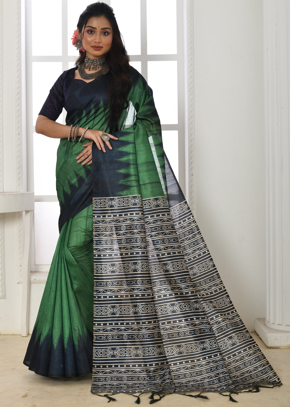 Buy Axolotl Green Woven Tussar Ikkat Silk Saree Online MySilkLove