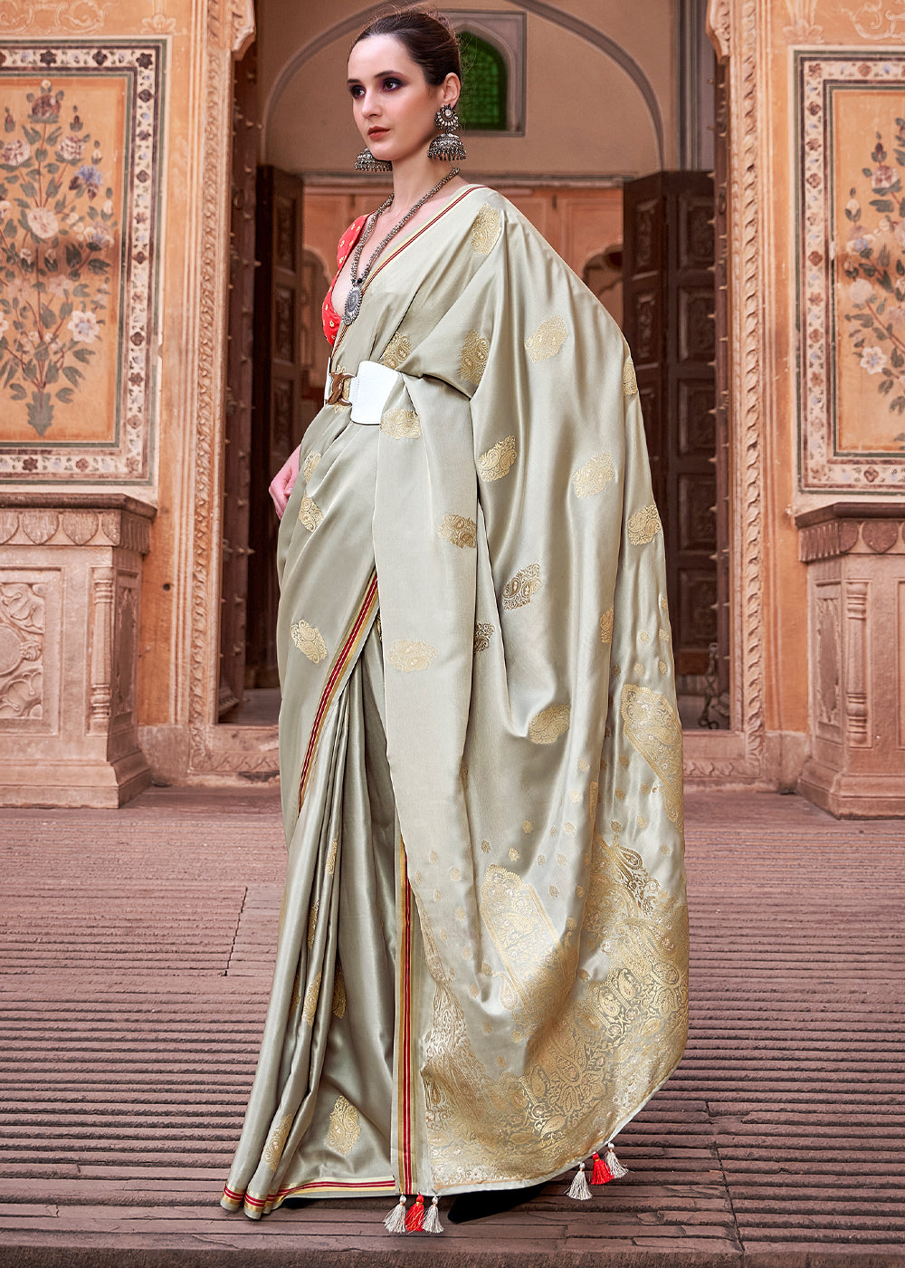 Buy MySilkLove Delta Grey Woven Satin Silk Saree Online