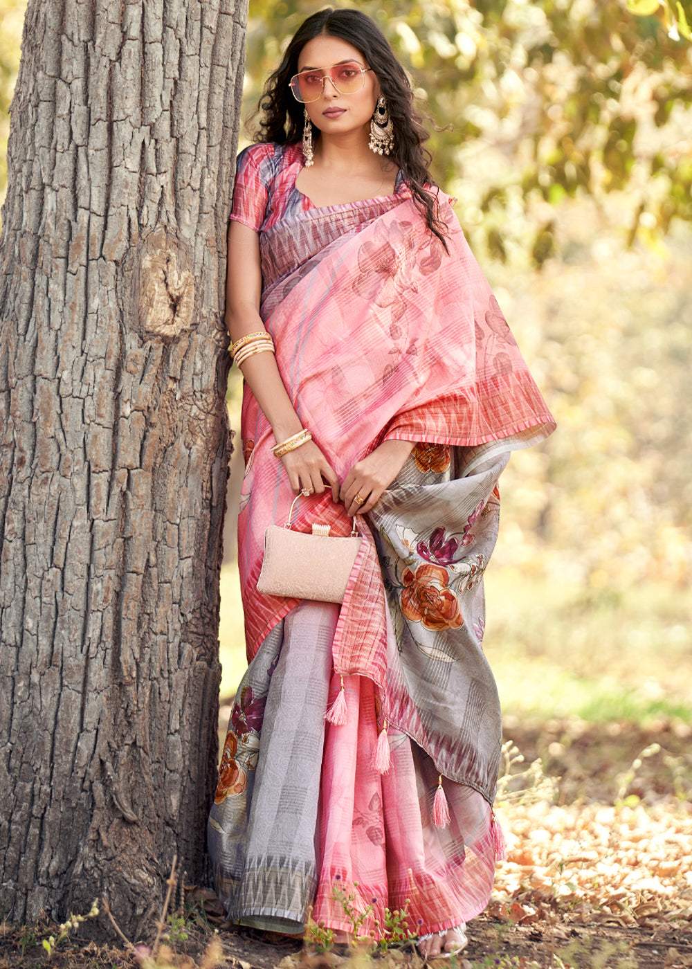 Buy MySilkLove Martini Grey Floral Printed Cotton Silk Saree Online