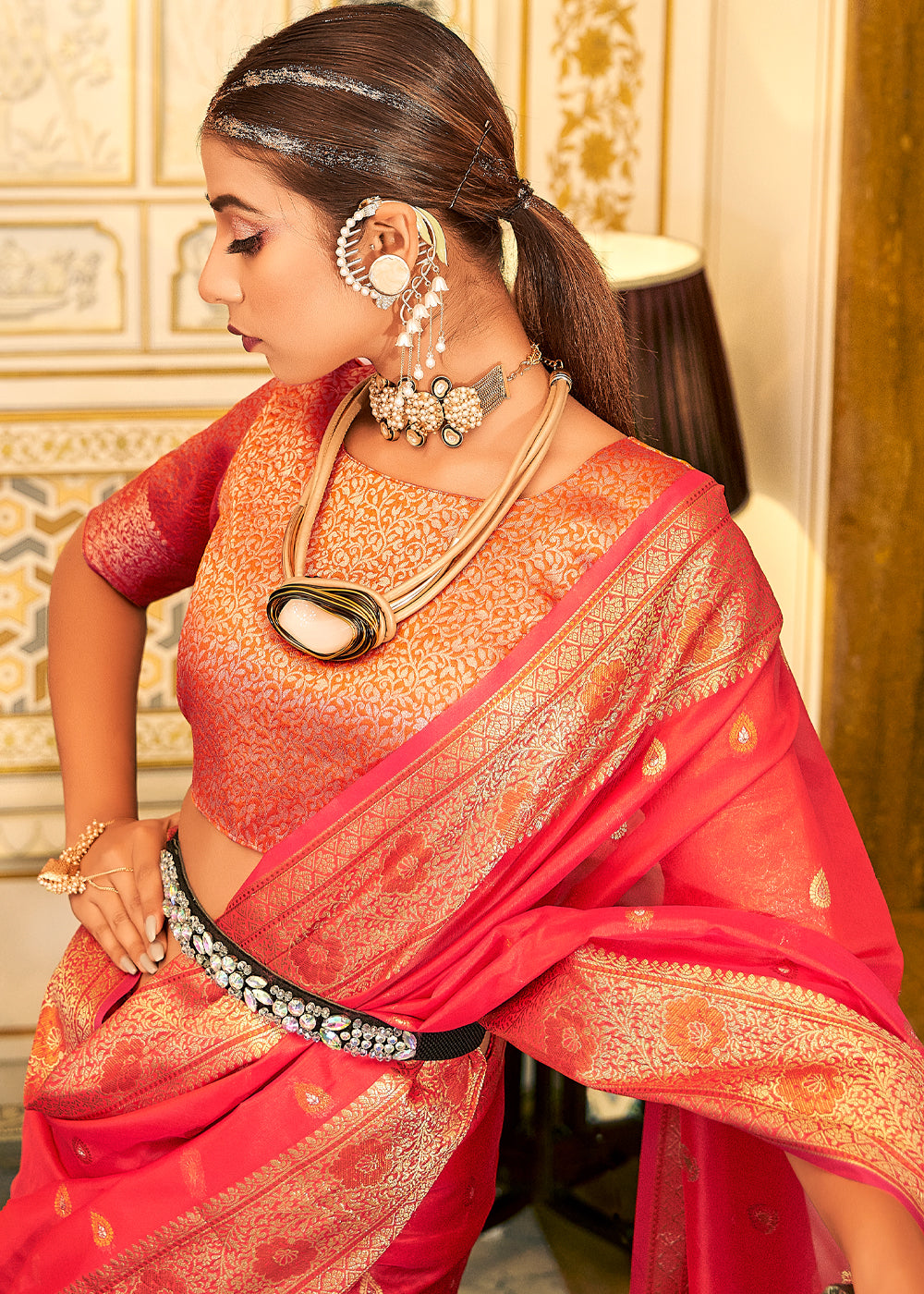 Buy MySilkLove Dimond Red Woven Banarasi Organza Silk Saree Online