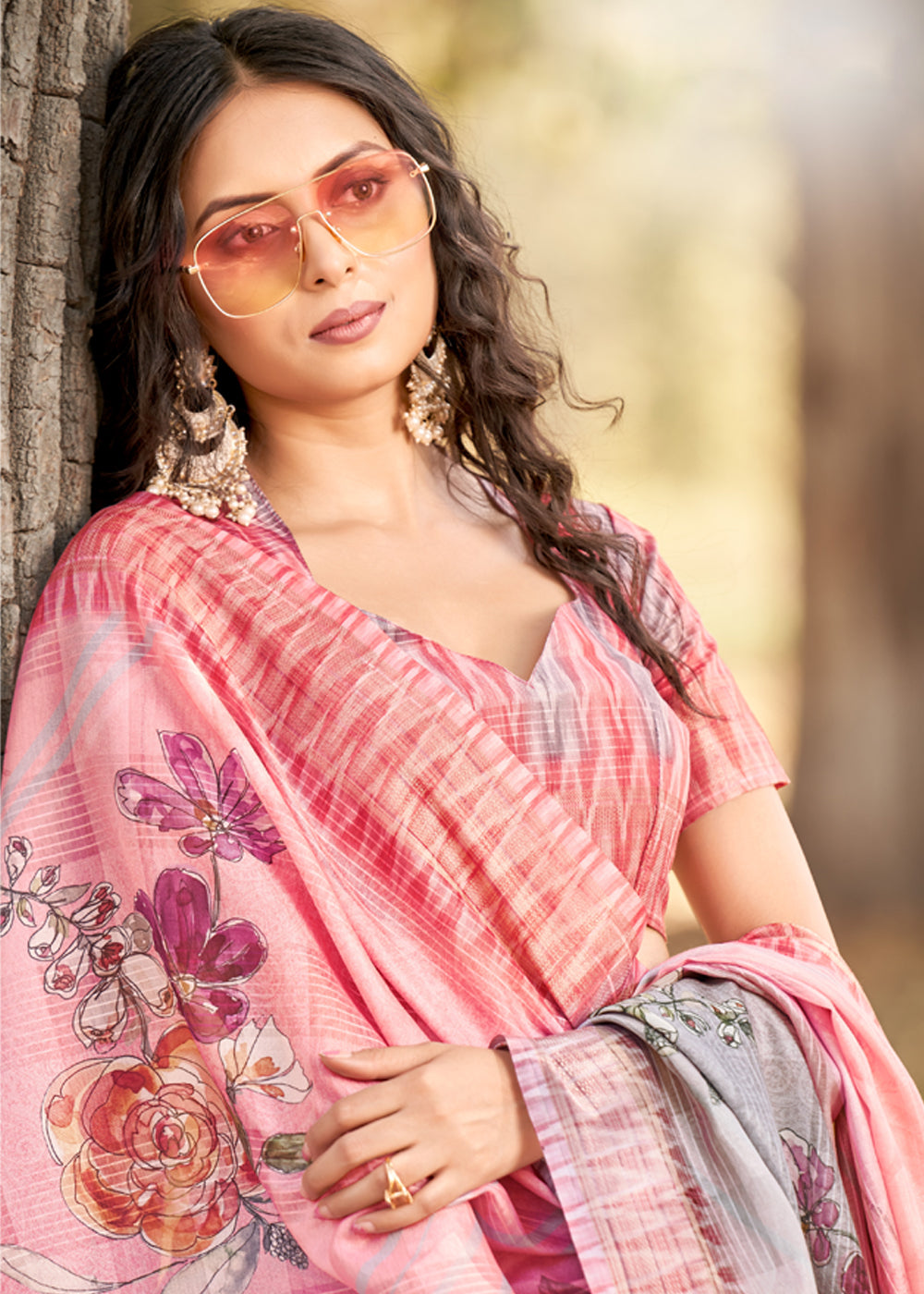 Buy MySilkLove Martini Grey Floral Printed Cotton Silk Saree Online
