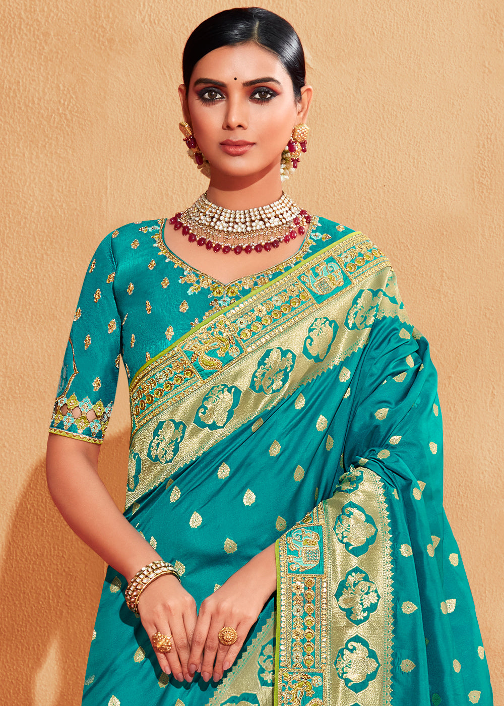 Buy MySilkLove Persian Green and Blue Embroidered Banarasi Silk Saree Online