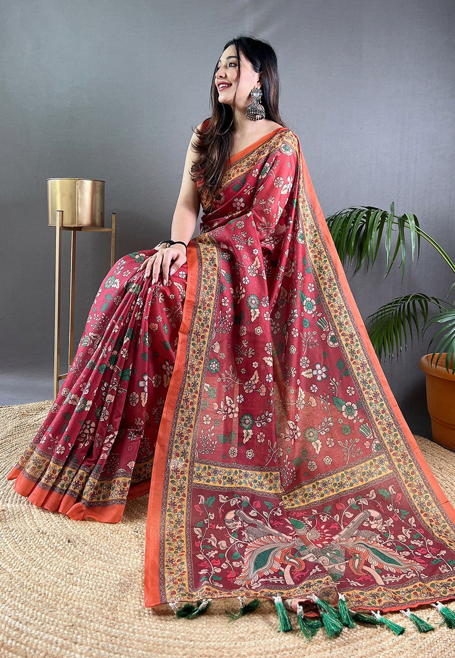 Buy MySilkLove Magenta Red Cotton Kalamkari Printed Saree Online