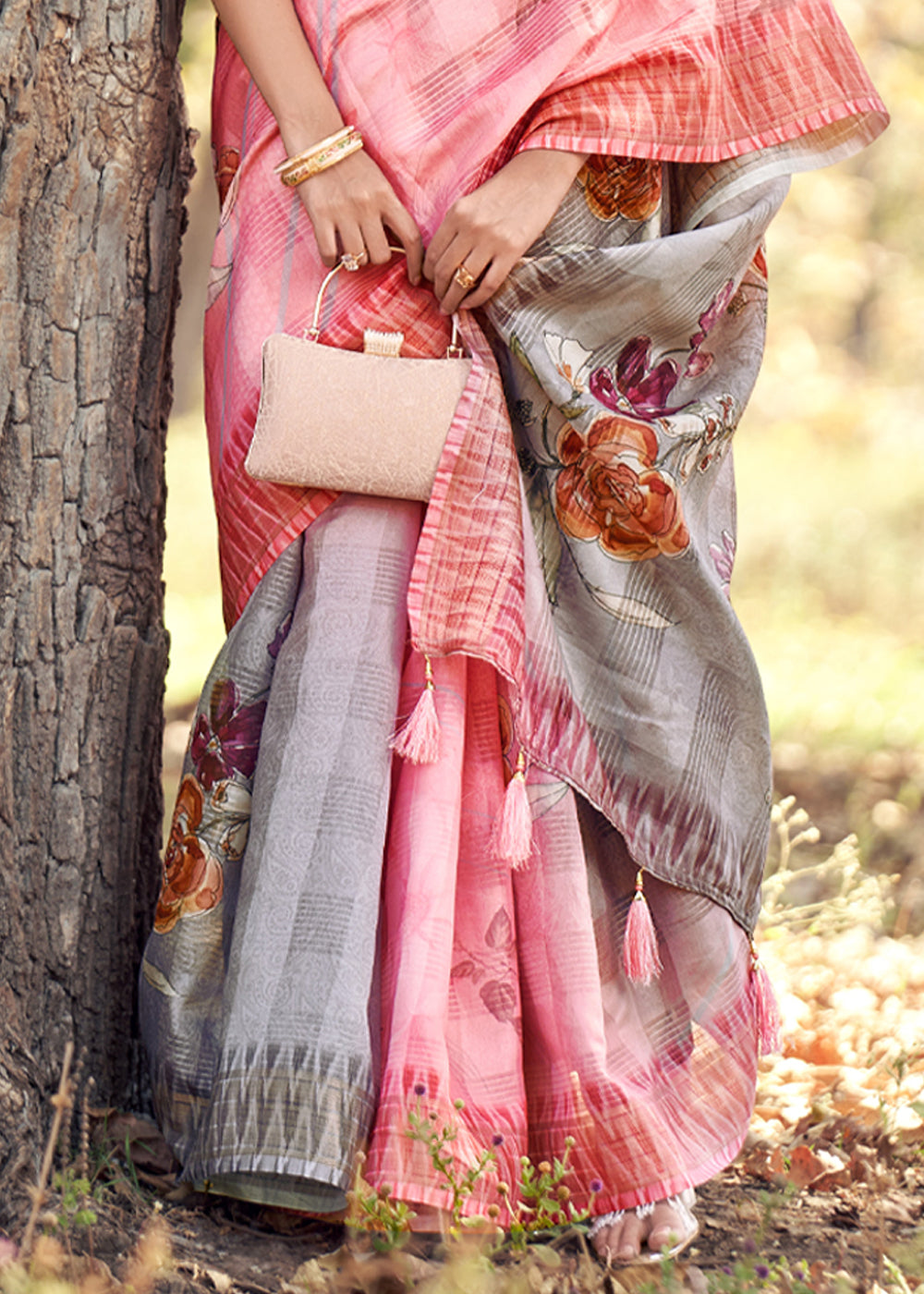 Buy MySilkLove Martini Grey Floral Printed Cotton Silk Saree Online