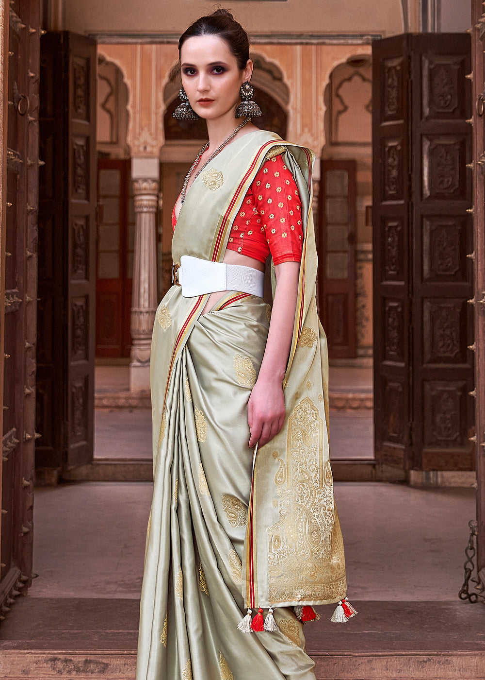 Buy MySilkLove Delta Grey Woven Satin Silk Saree Online