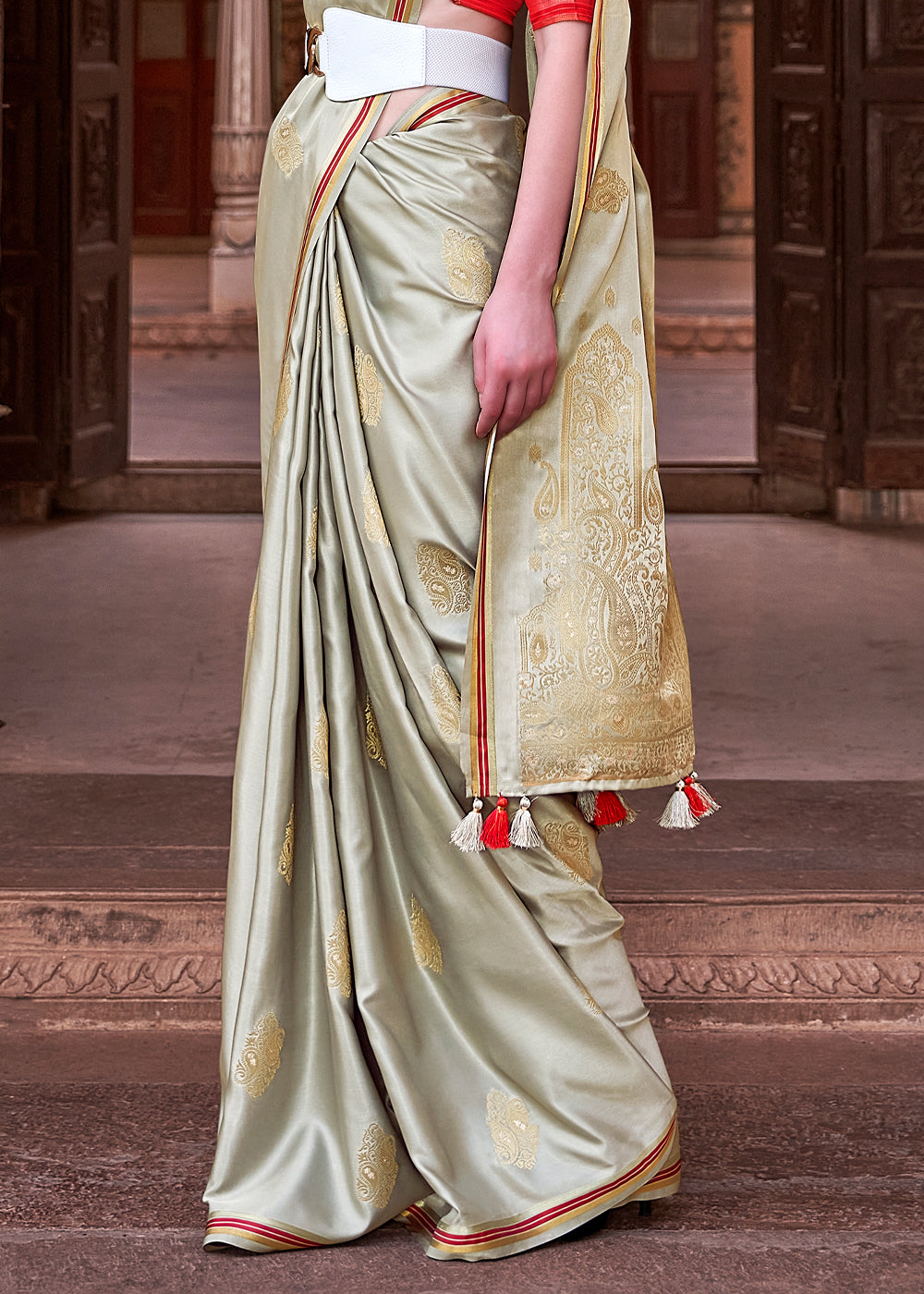 Buy MySilkLove Delta Grey Woven Satin Silk Saree Online