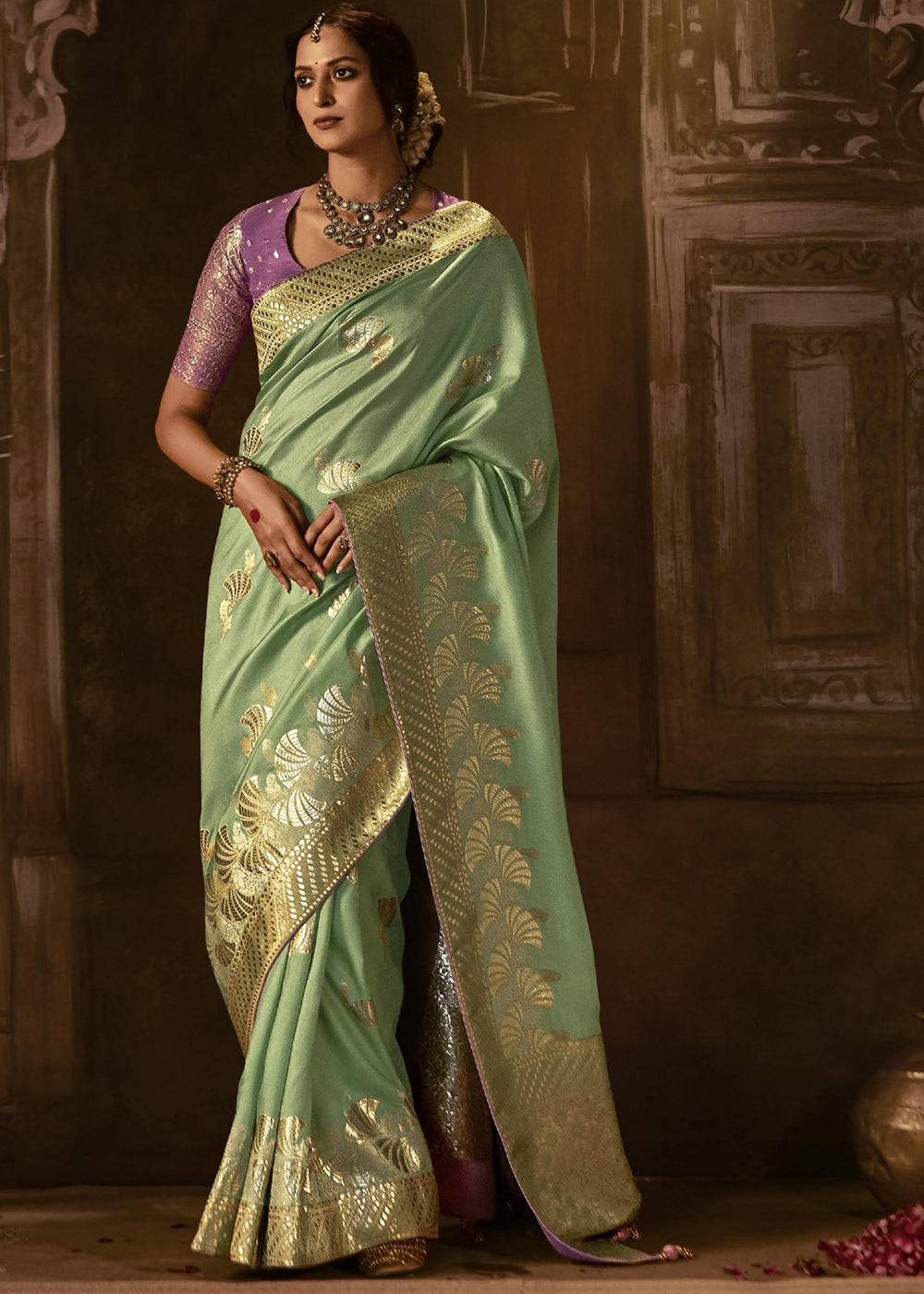 Buy MySilkLove Pine Glade Green Woven Designer Banarasi Silk Saree Online