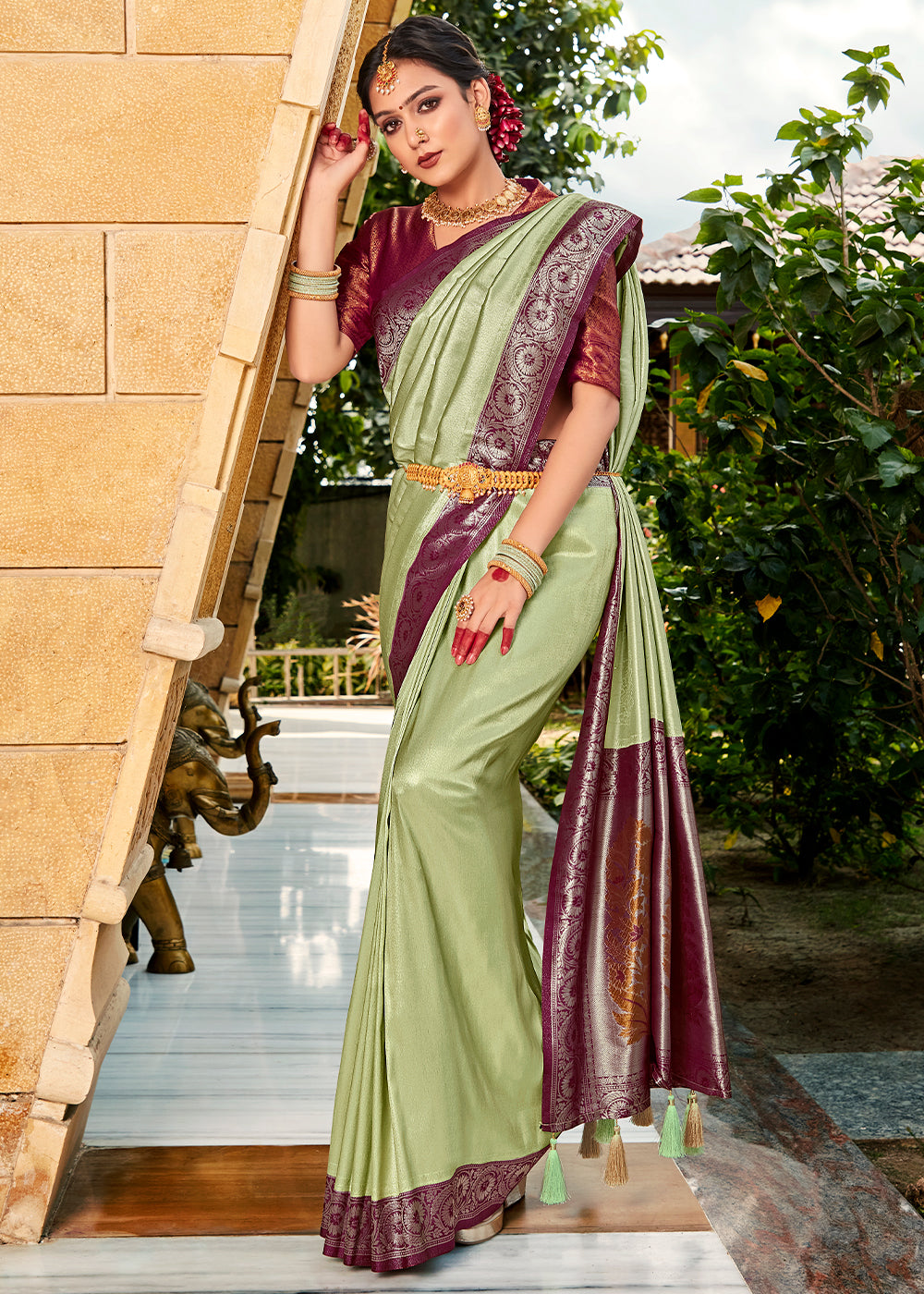 Buy MySilkLove Swamp Green and Brown Zari Woven Kanjivaram Saree Online