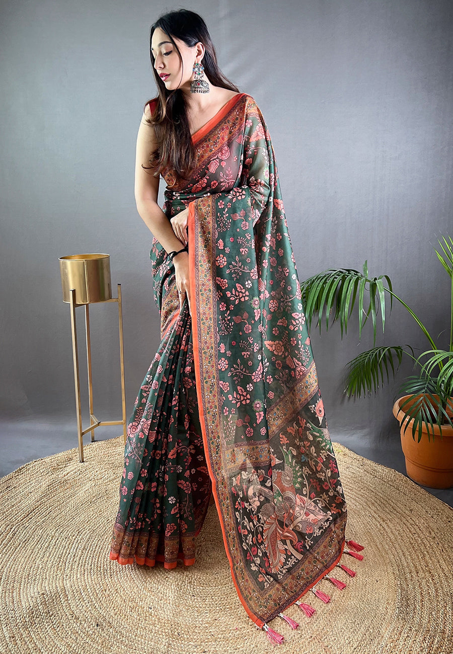 Buy MySilkLove Killarney Green Cotton Kalamkari Printed Saree Online