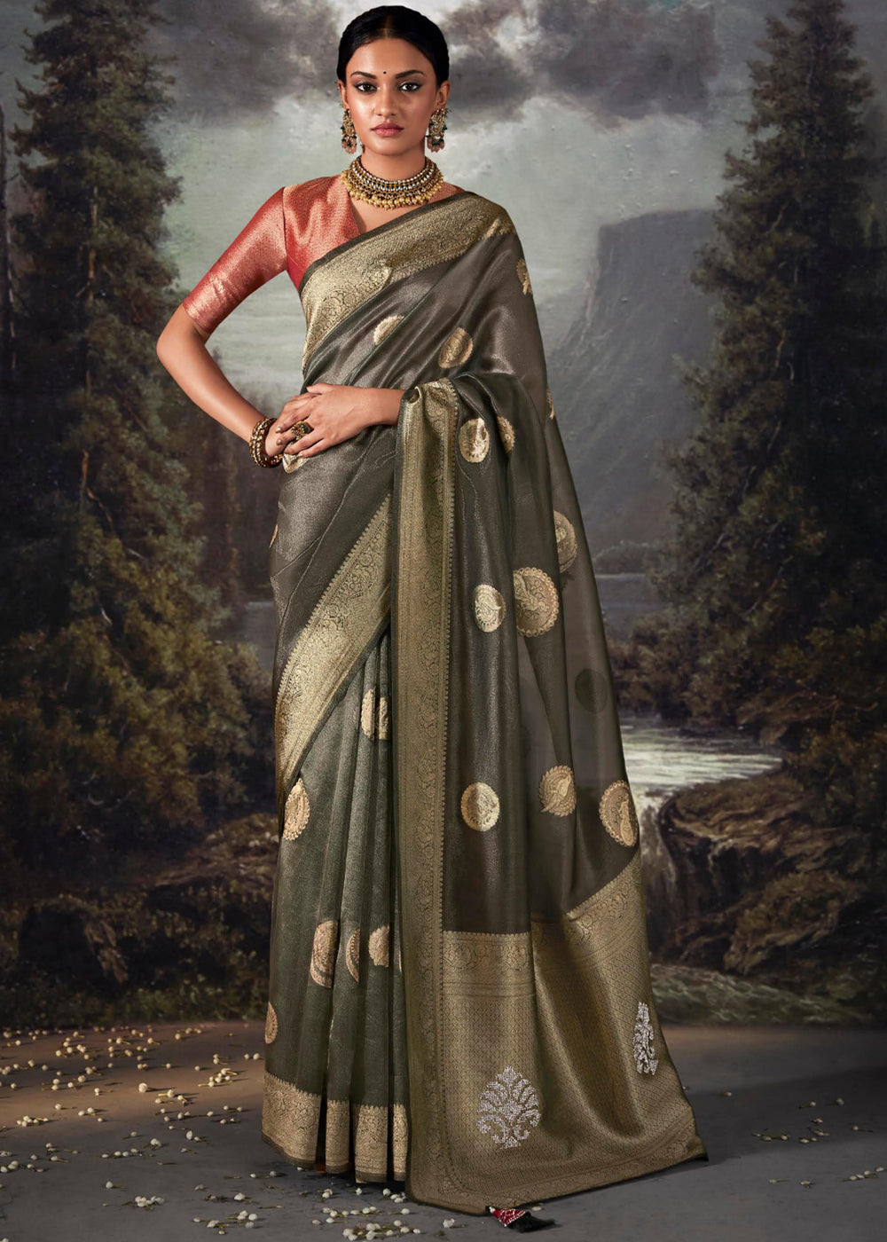 Buy MySilkLove Fuscous Grey Woven Banarasi Organza Silk Saree Online