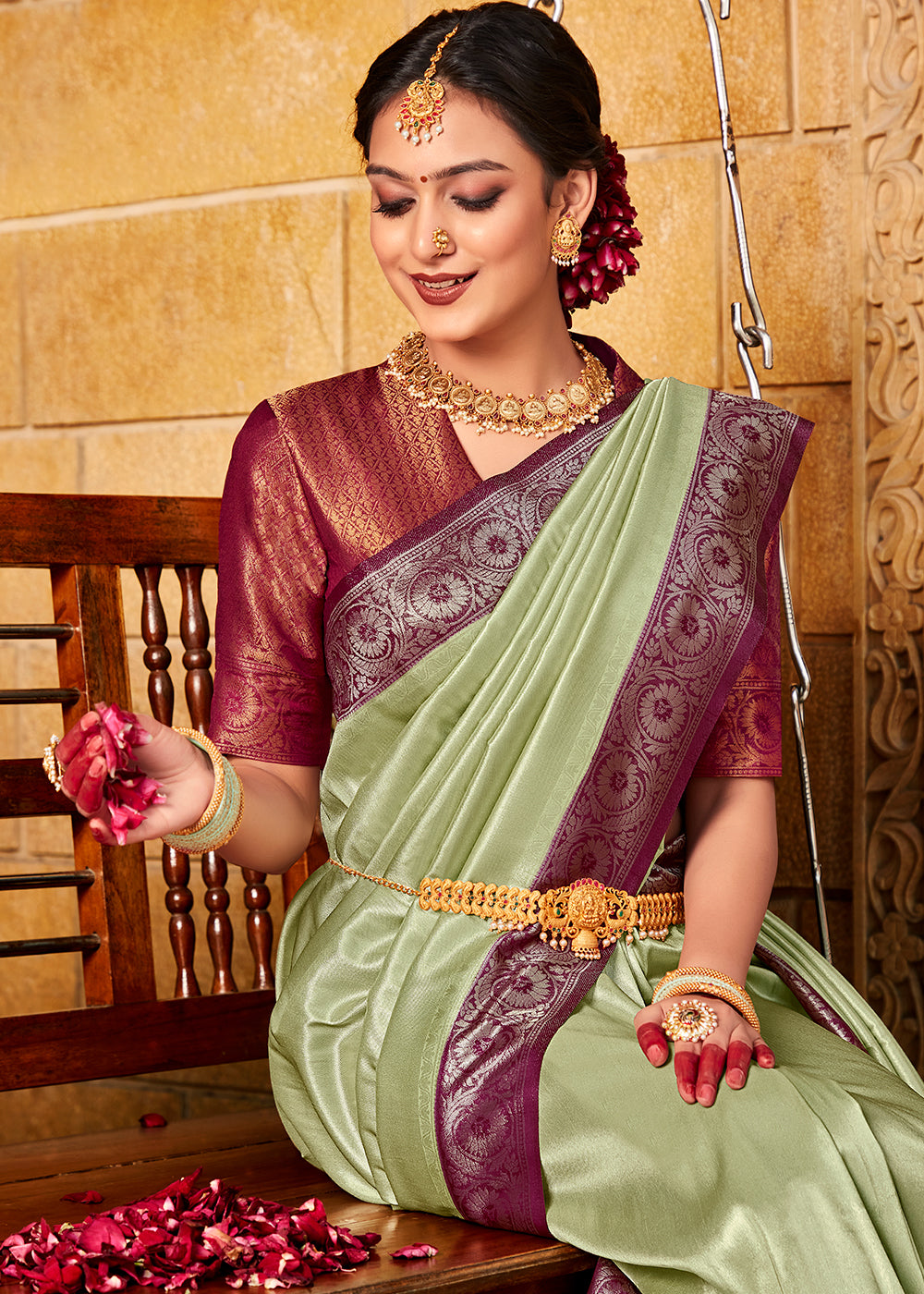 Buy MySilkLove Swamp Green and Brown Zari Woven Kanjivaram Saree Online