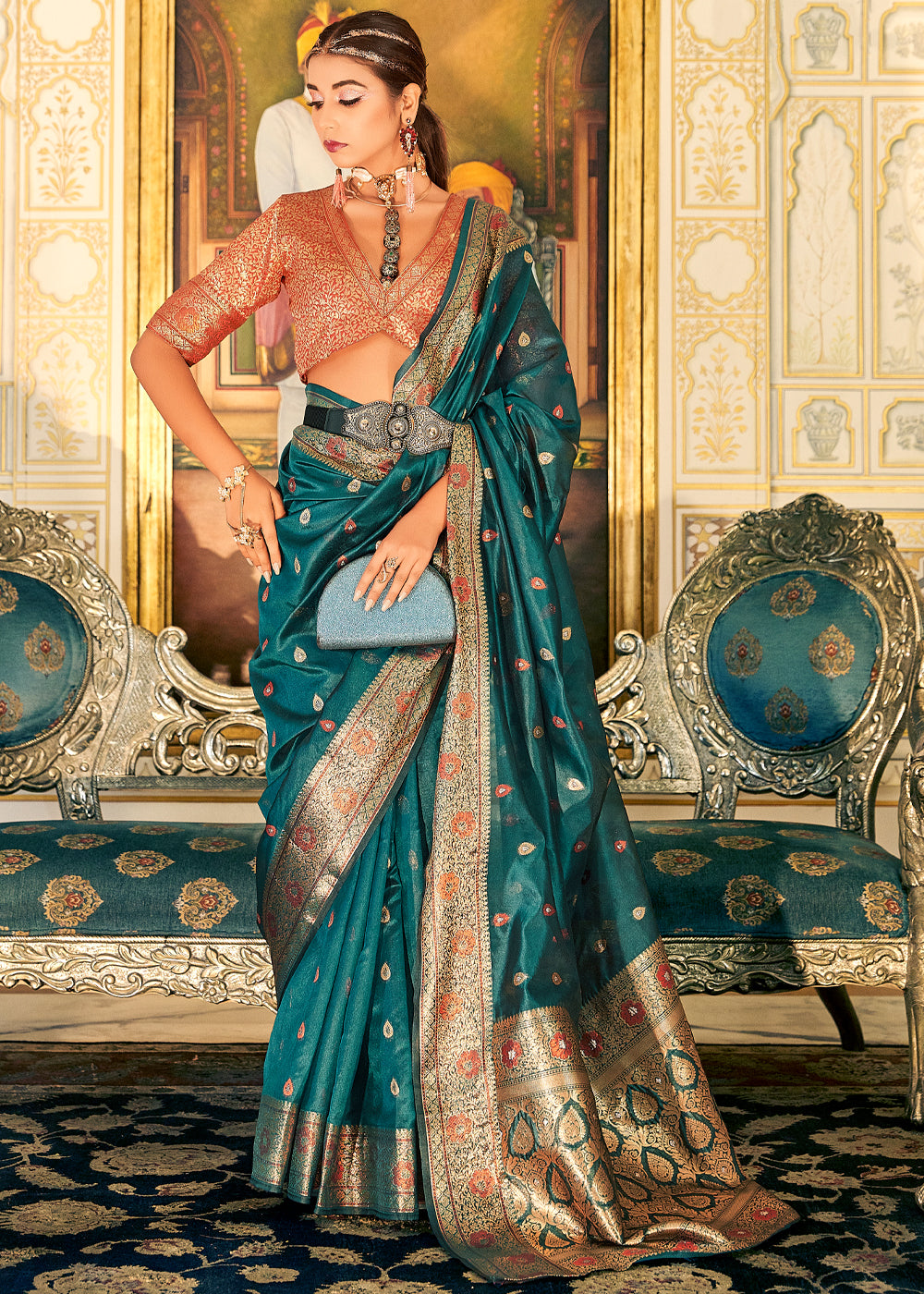 Buy MySilkLove Green Pea Woven Banarasi Organza Silk Saree Online