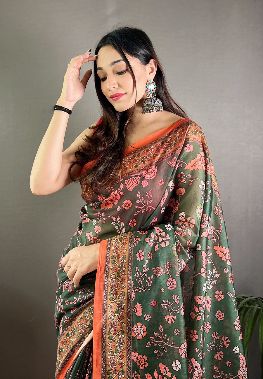 Buy MySilkLove Killarney Green Cotton Kalamkari Printed Saree Online