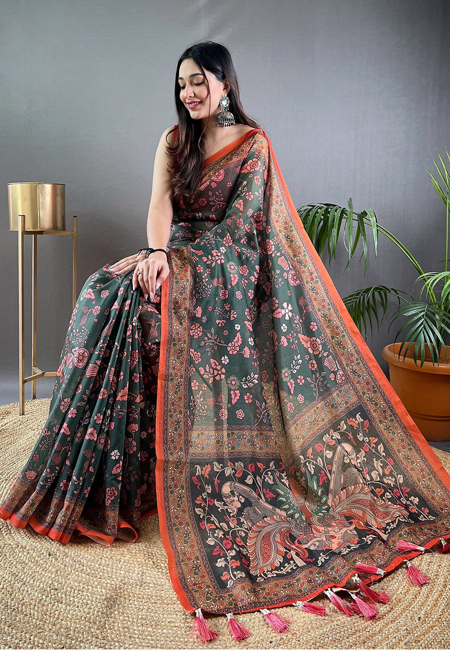 Buy MySilkLove Killarney Green Cotton Kalamkari Printed Saree Online