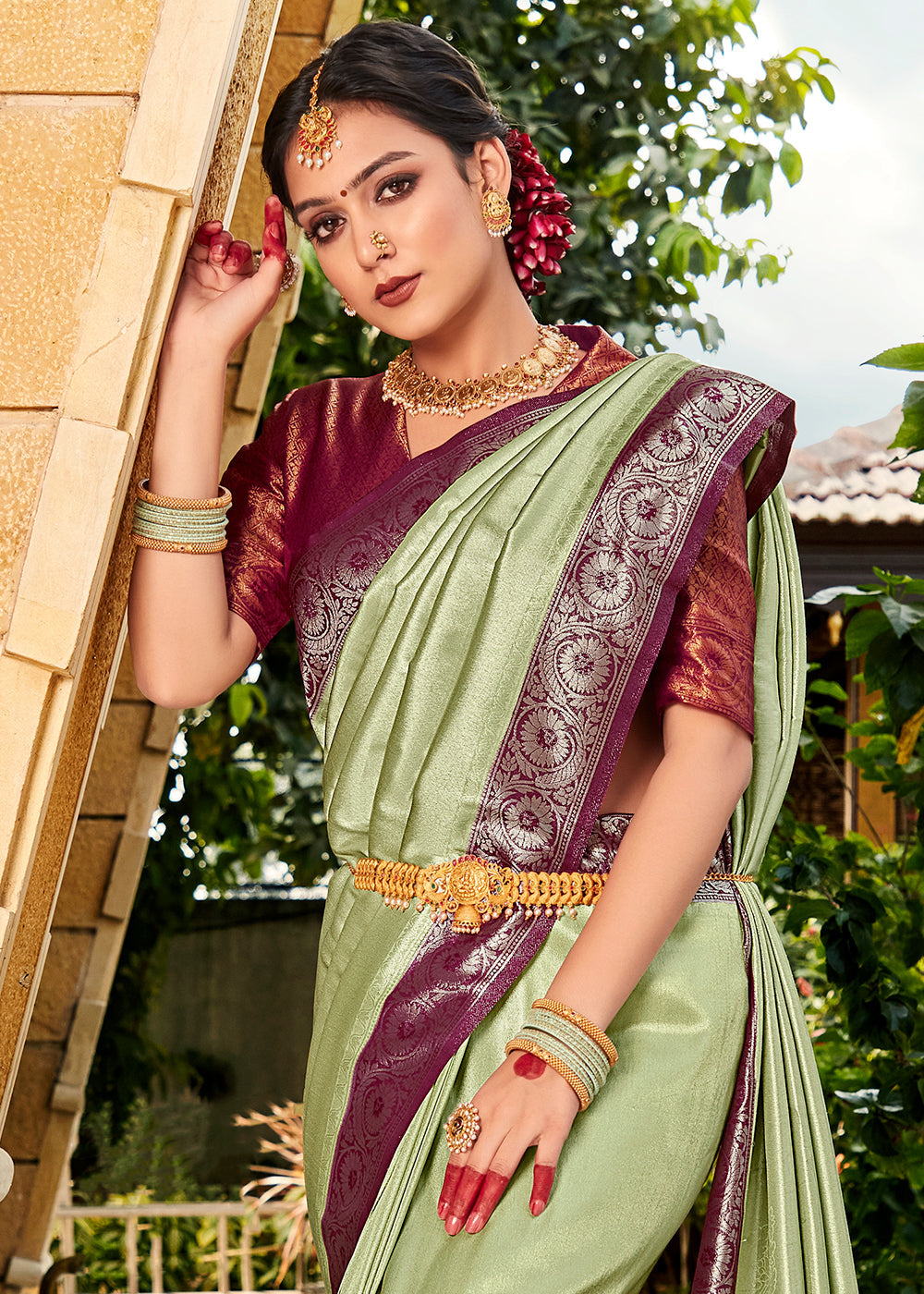 Buy MySilkLove Swamp Green and Brown Zari Woven Kanjivaram Saree Online