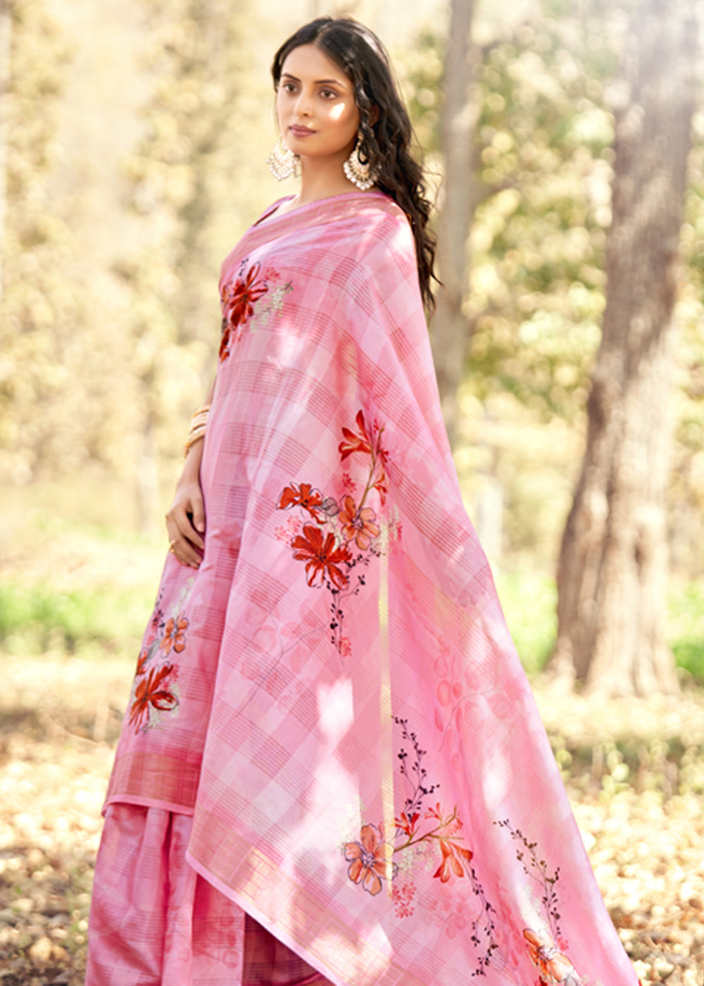 Buy MySilkLove Sea Pink Floral Printed Cotton Silk Saree Online