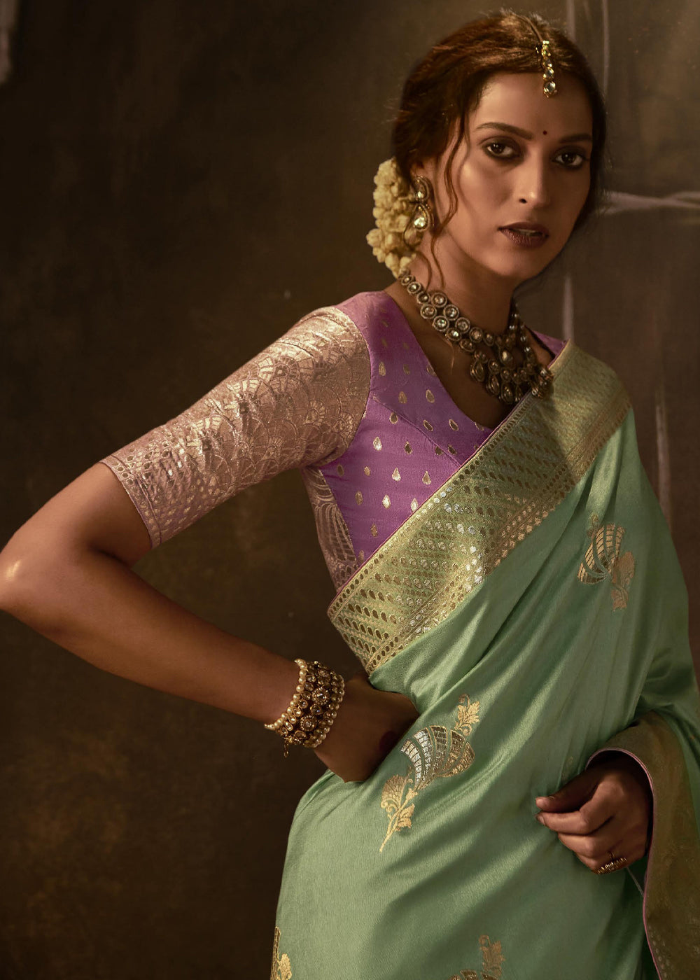 Buy MySilkLove Pine Glade Green Woven Designer Banarasi Silk Saree Online