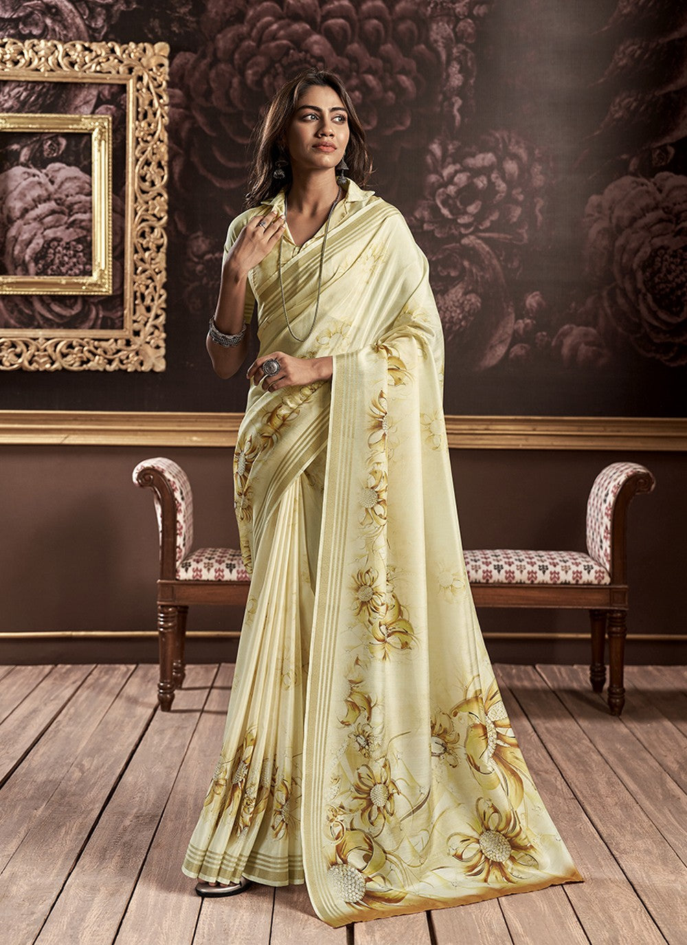 Buy MySilkLove Chino Cream Handloom Silk Digital Printed Saree Online