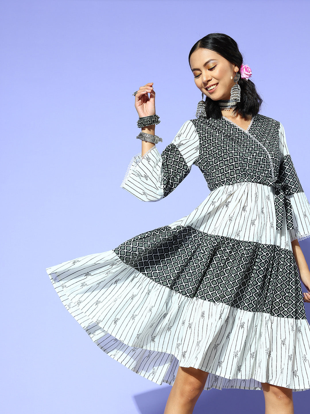 Buy MySilkLove Outer Space Black and White Ethnic Motifs Indie Gal Dress Online