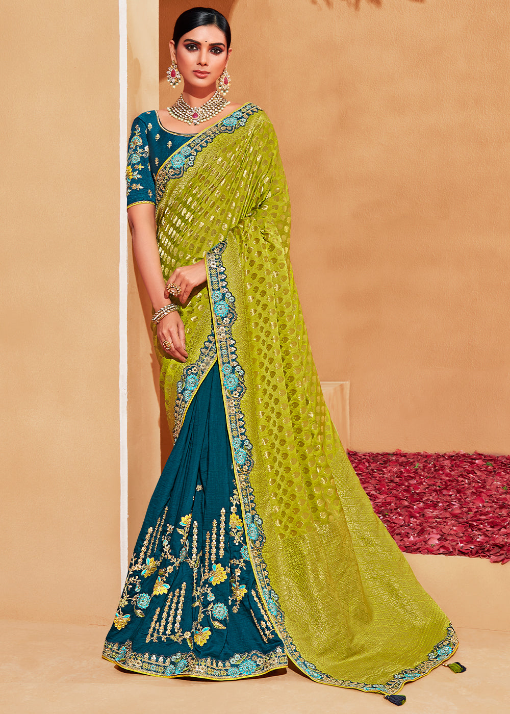 Buy MySilkLove Cyprus Blue and Green Embroidered Banarasi Silk Saree Online