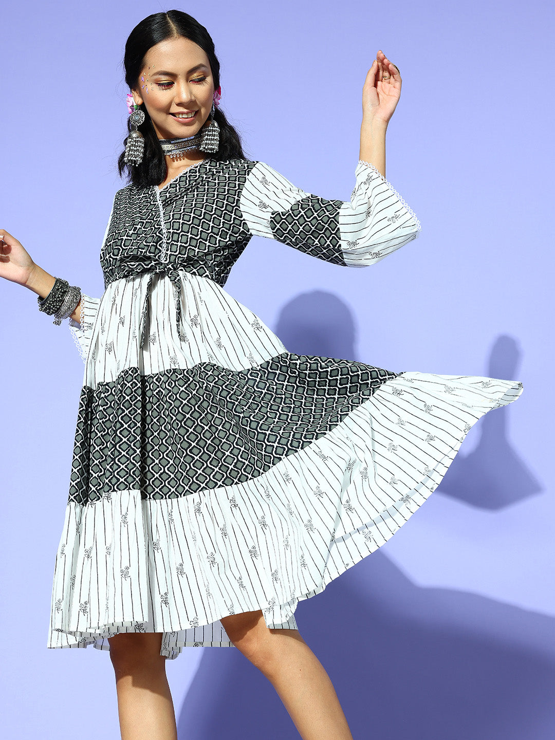 Buy MySilkLove Outer Space Black and White Ethnic Motifs Indie Gal Dress Online