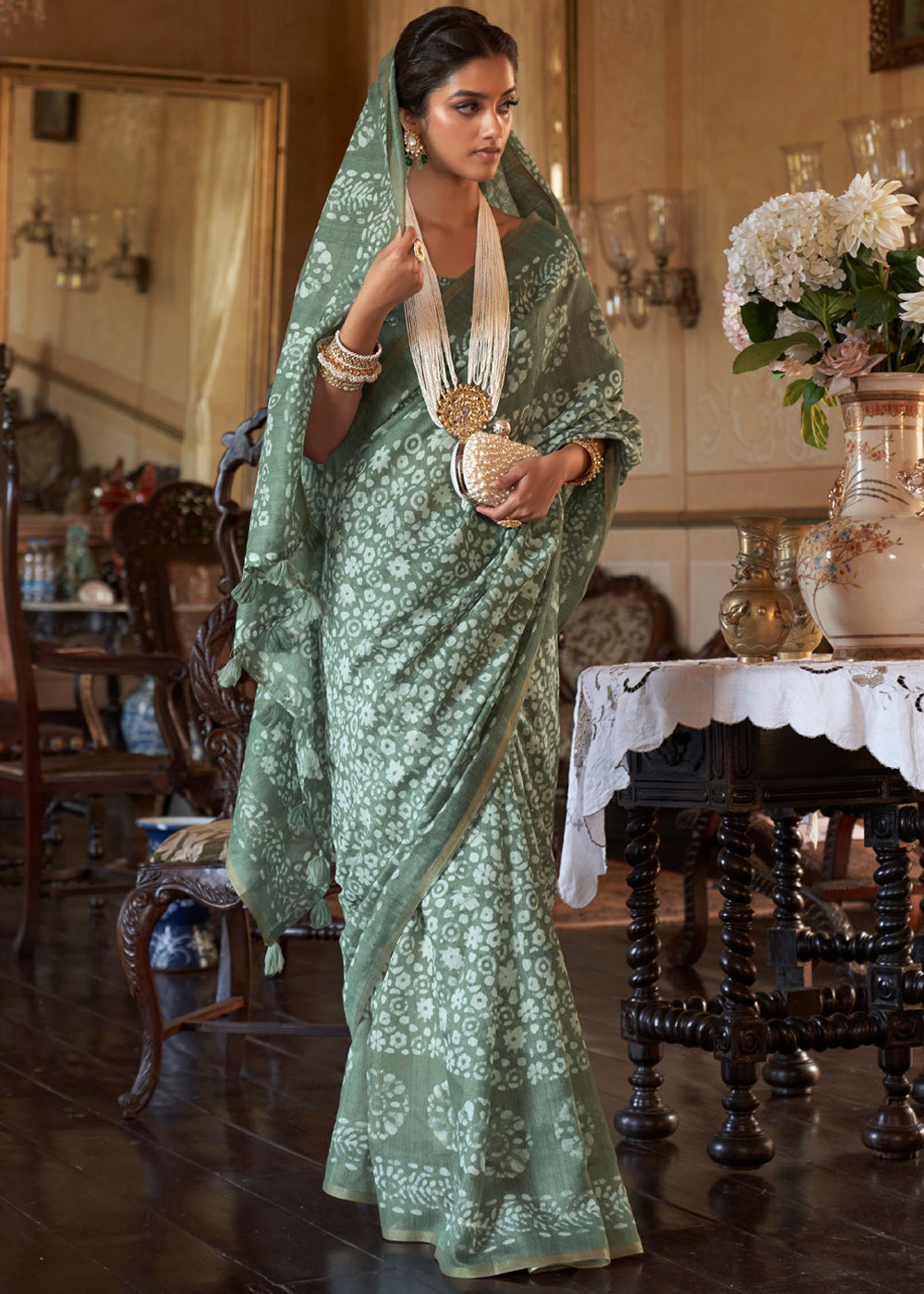 Buy MySilkLove Pewter Green Light Weight Linen Saree Online