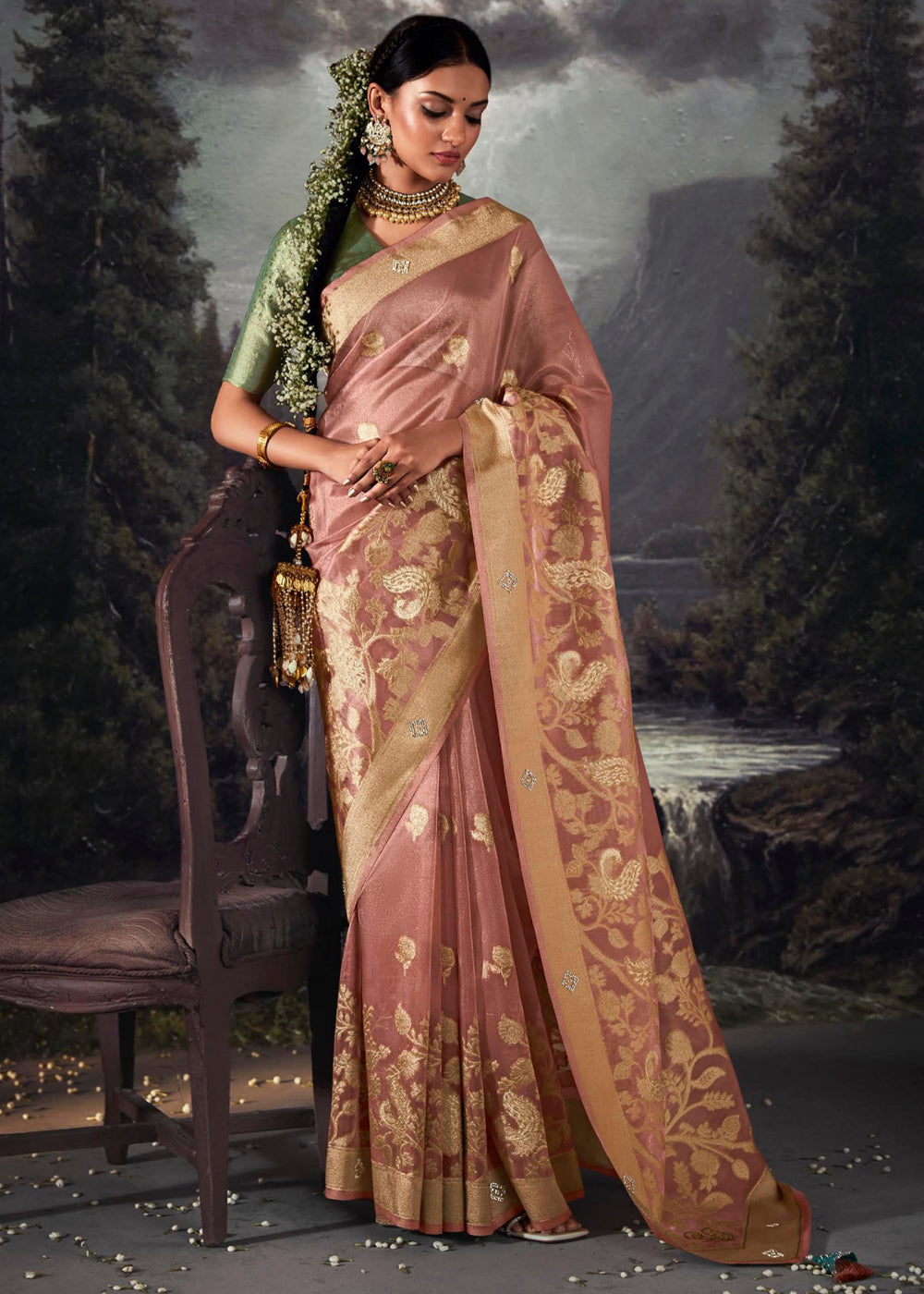 Buy MySilkLove Blast Off Bronze Peach Woven Banarasi Organza Silk Saree Online