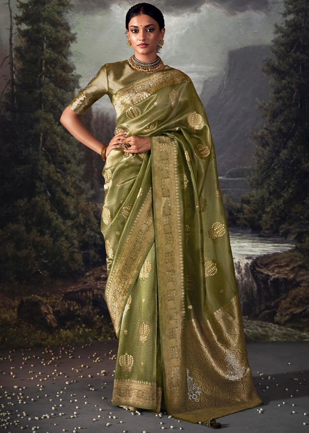 Buy MySilkLove Costa Del Sol Green Woven Banarasi Organza Silk Saree Online