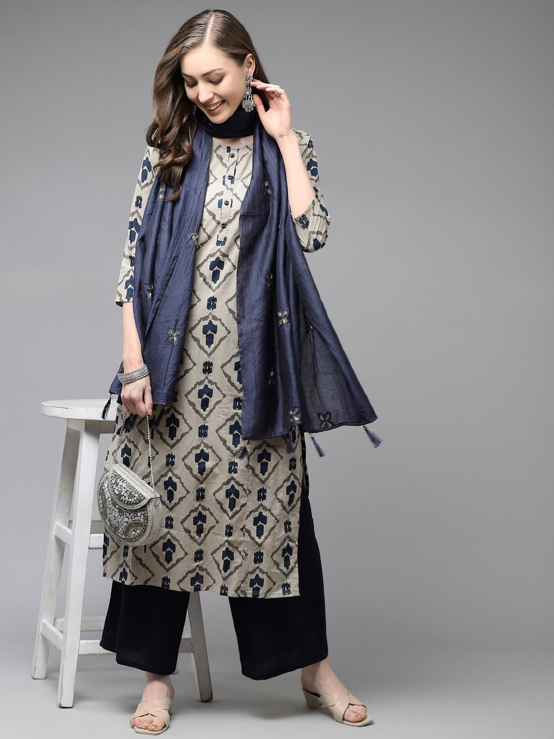 Buy MySilkLove Merino Cream and Blue Printed Dupatta Set Online